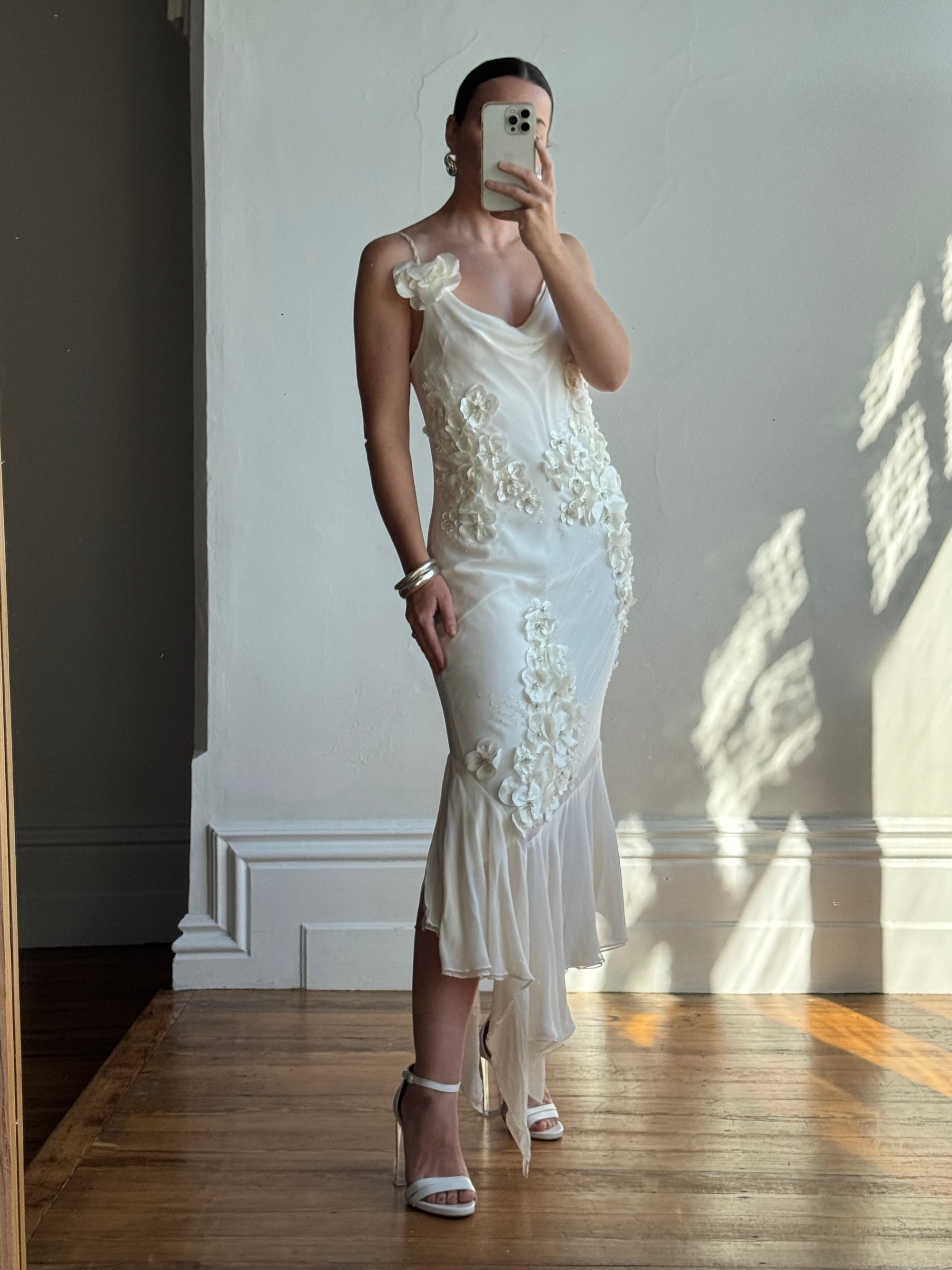 Vintage 90s Pure Silk 3D Floral Fairy Dress Ivory