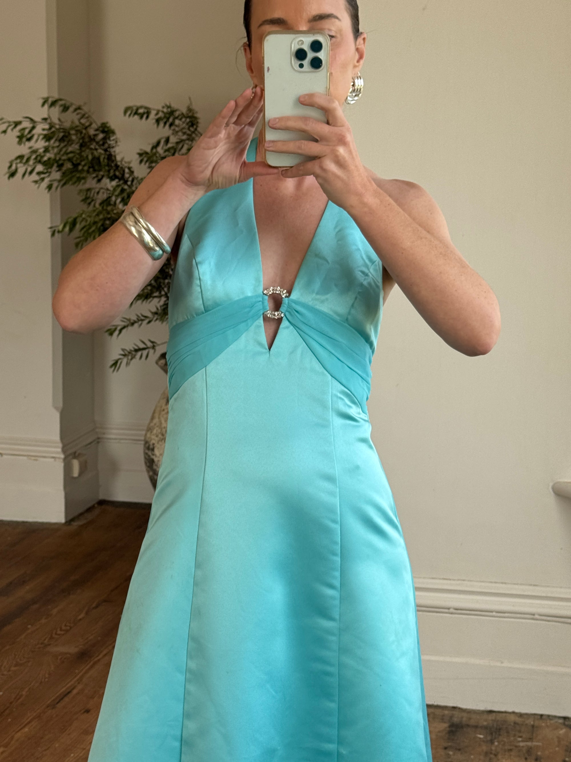 Vintage 90s A-Line Aqua Prom Dress with Rhinestones