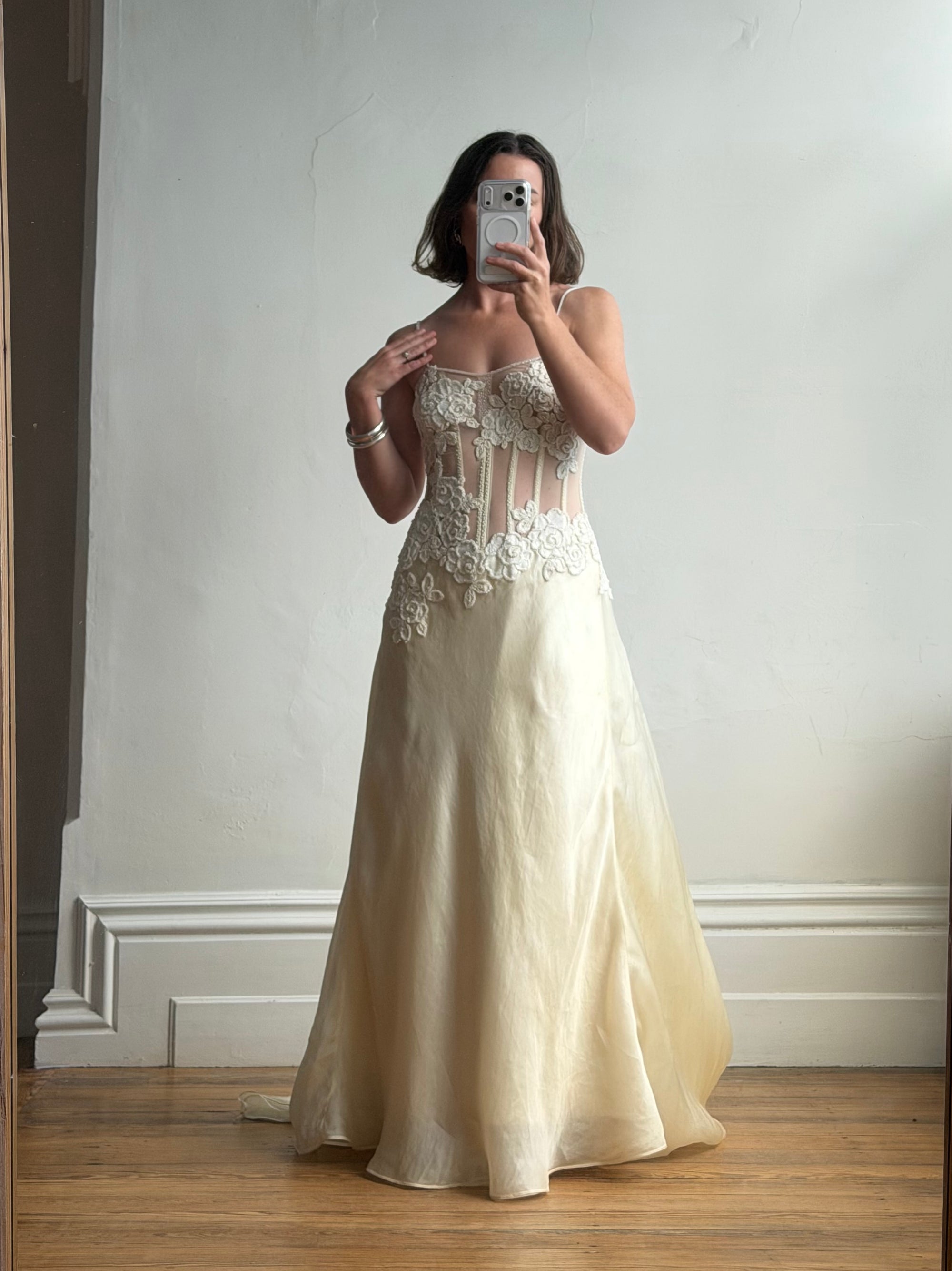 Vintage 90s Italian Nude Floral Beaded Silk Organza Wedding Gown
