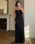 Vintage 90s Pure Silk Tiered Ruffle Dress Navy