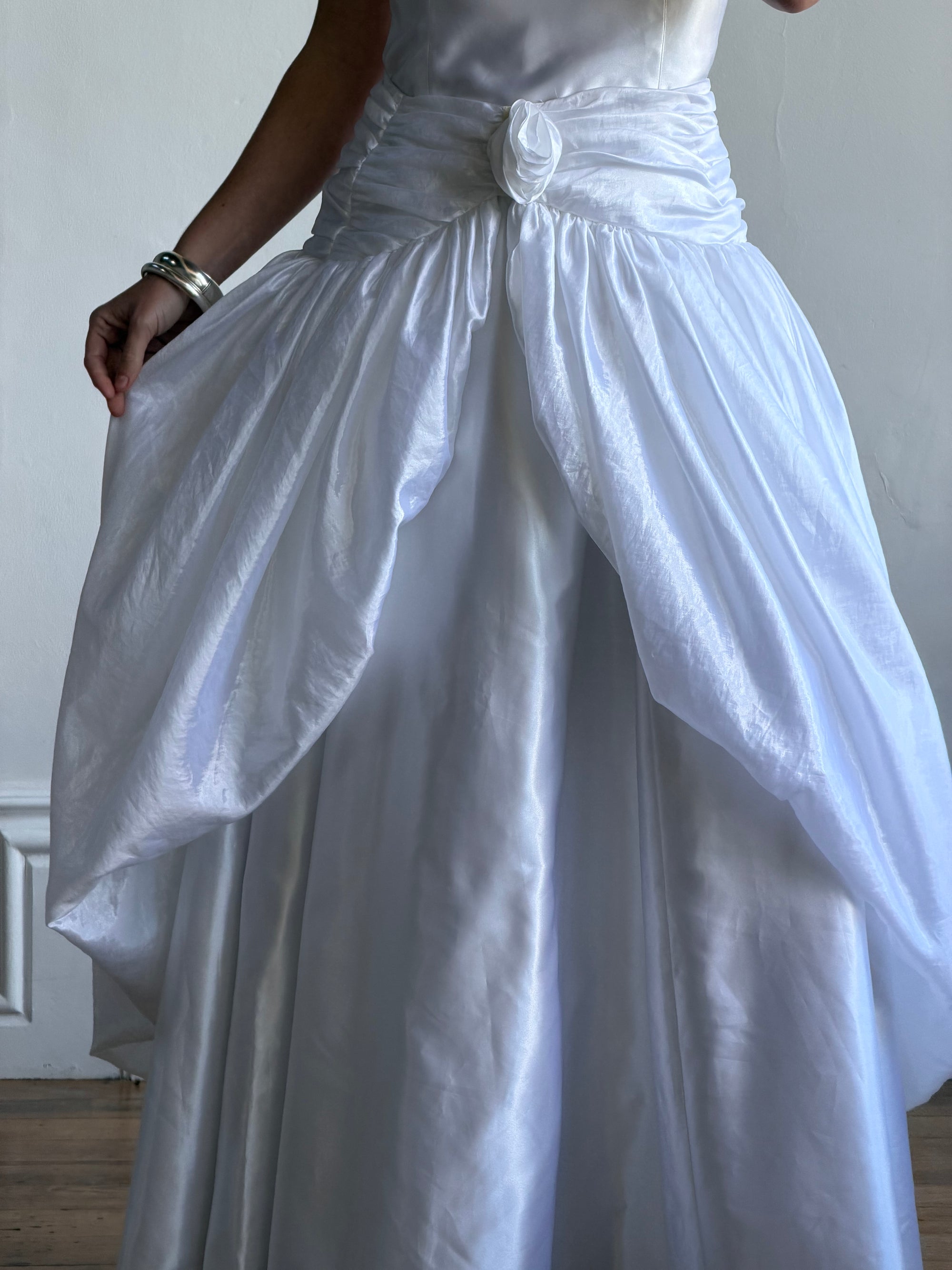Vintage 90s Strappy Wedding Dress With Rosette Cape Pearl
