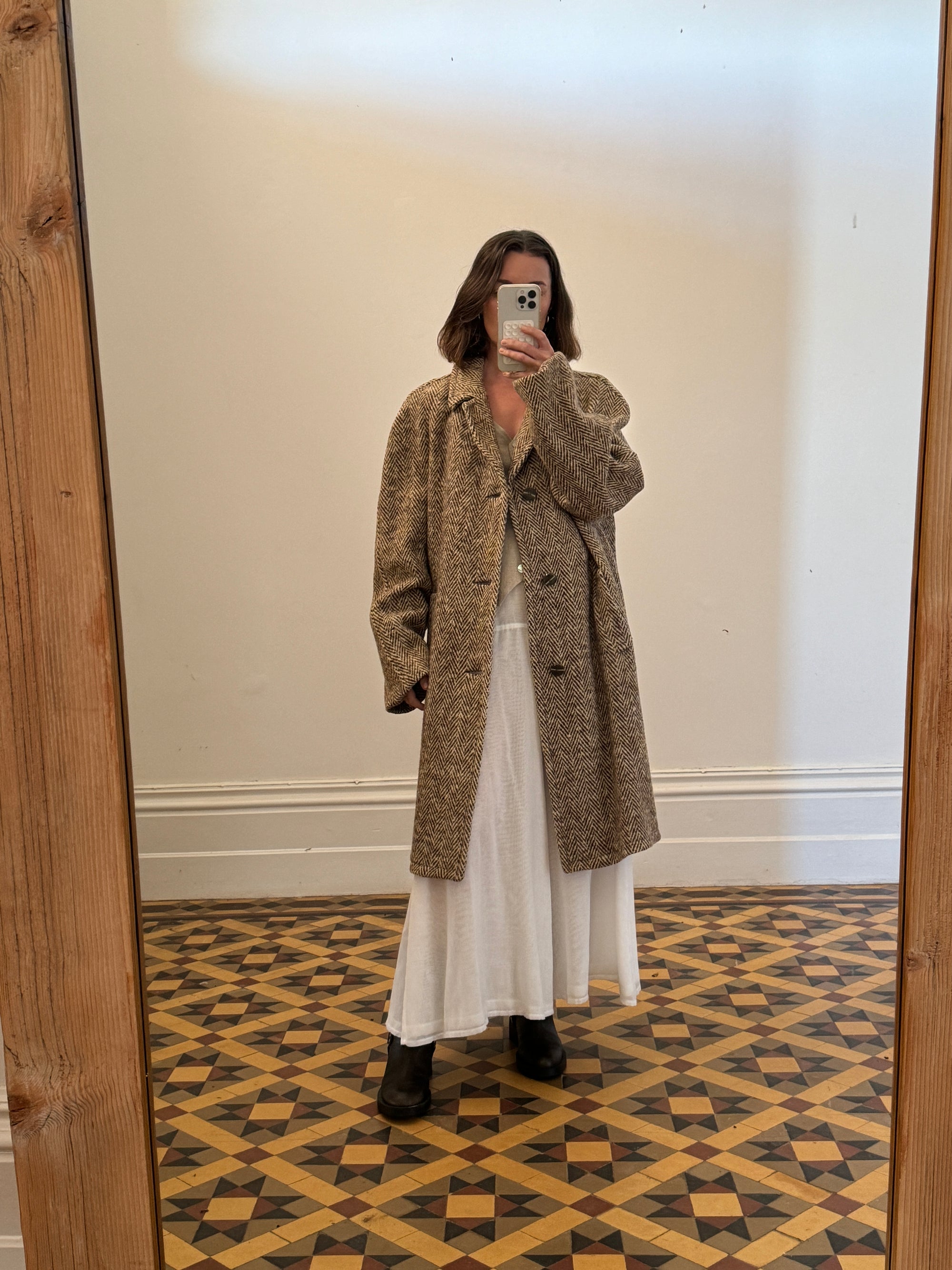 Vintage Brown Herringbone Wool Coat