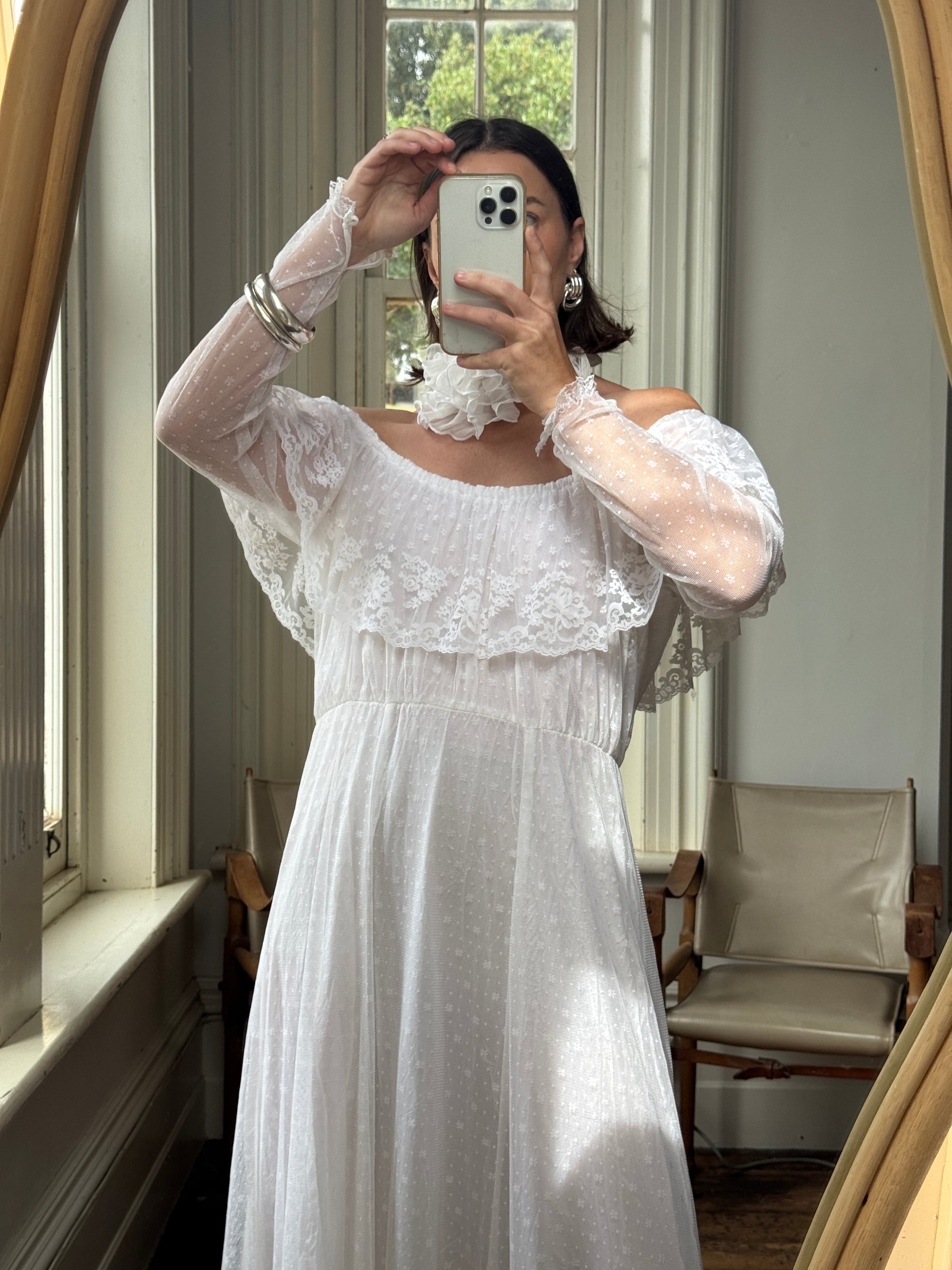 Vintage 70s Australian Made Off Lace Frill Wedding Gown