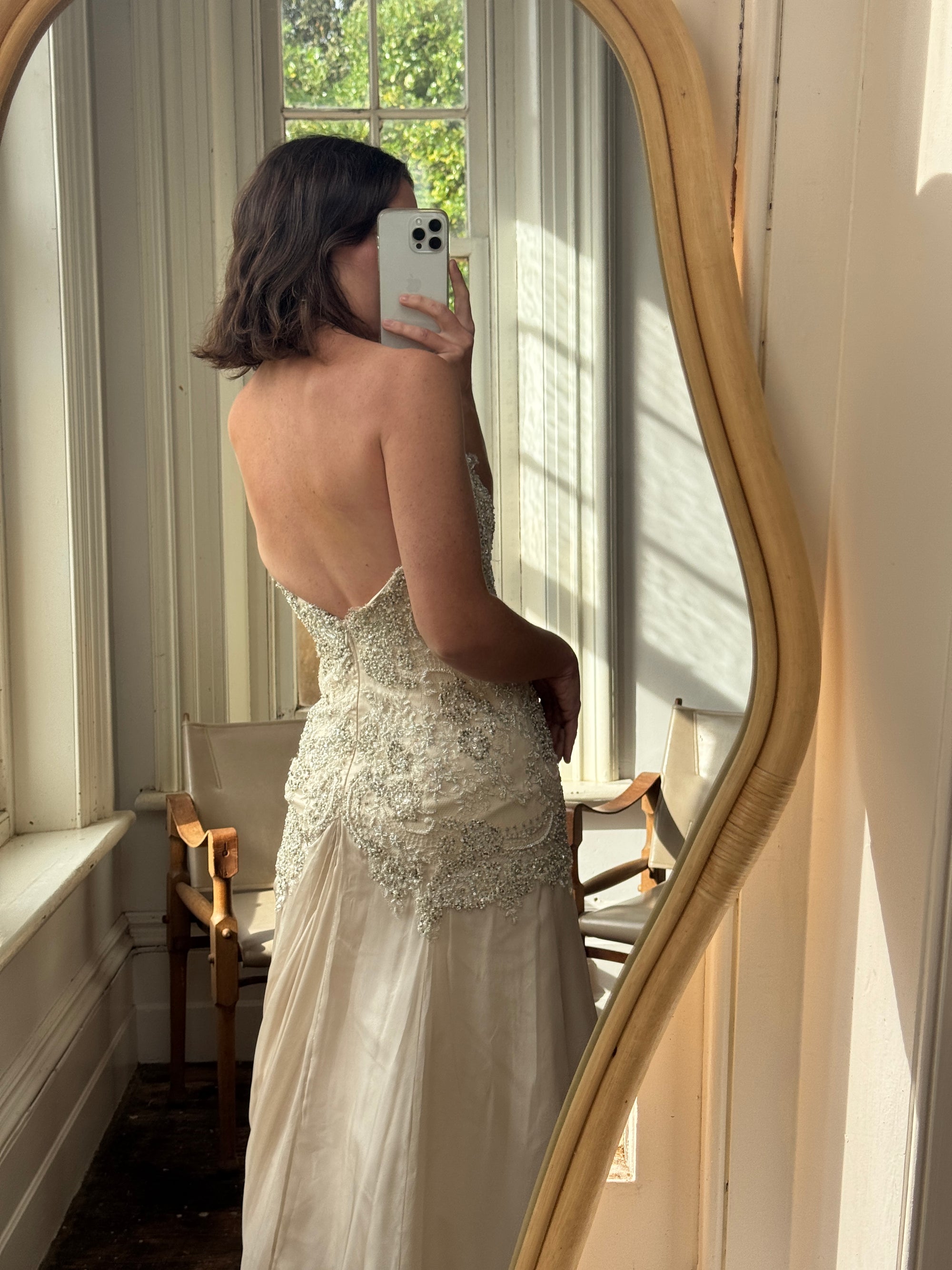 Vintage 90s Pure Silk Drop Waist Beaded Halter Gown with Cathedral Train