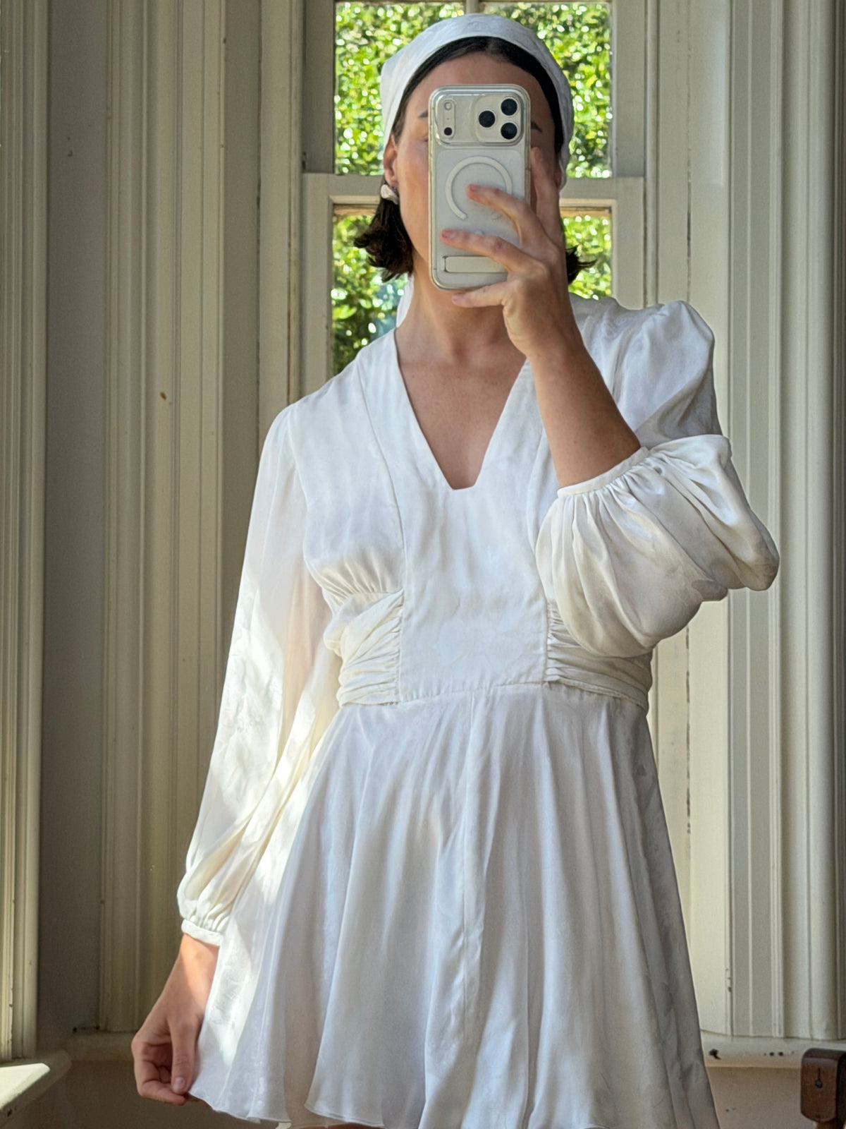 Vintage 70s Satin Jacquard Poet Sleeve Mini Dress