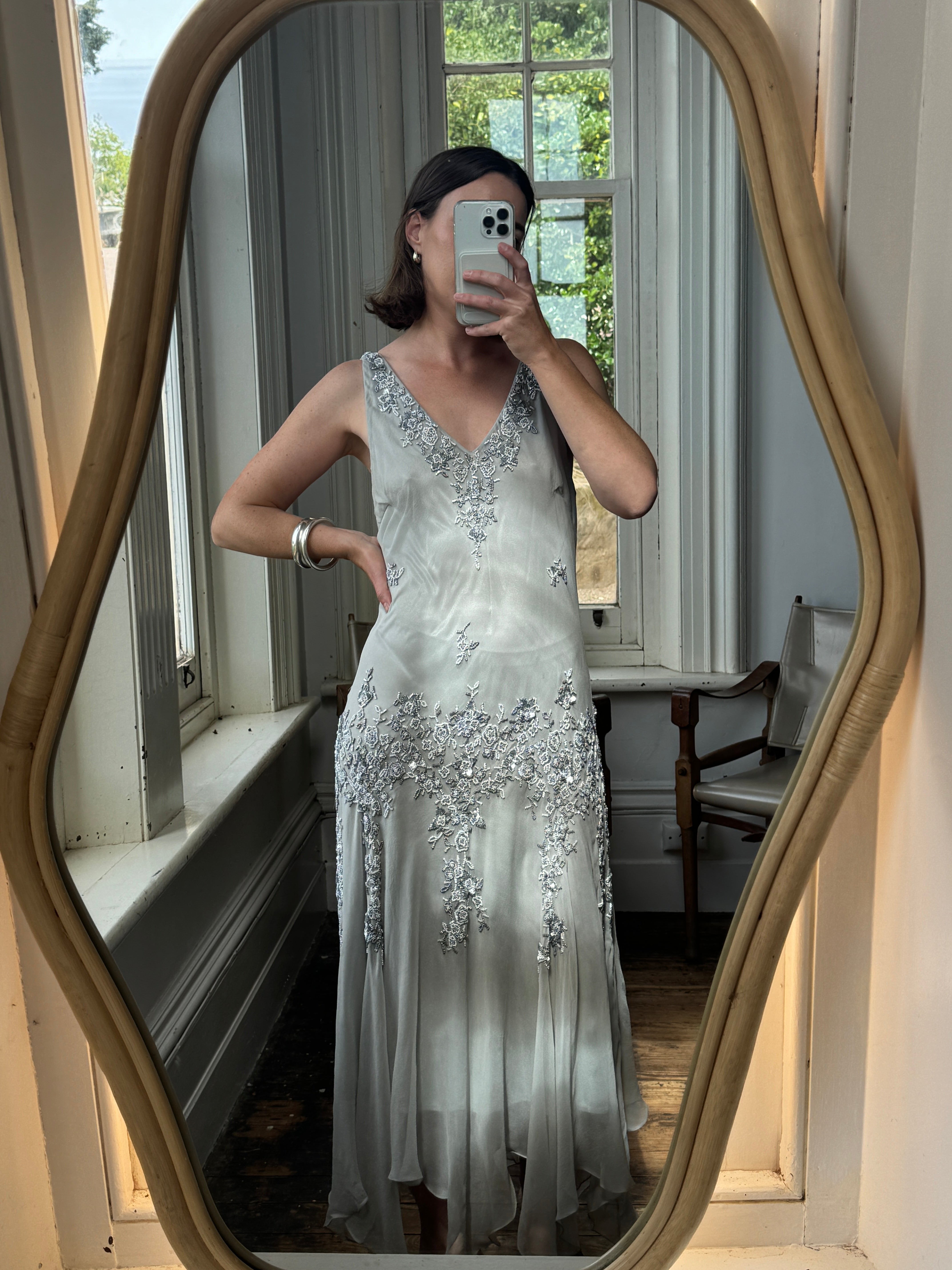 Vintage 90s Pure Silk Beaded V Neck Dress Light Grey