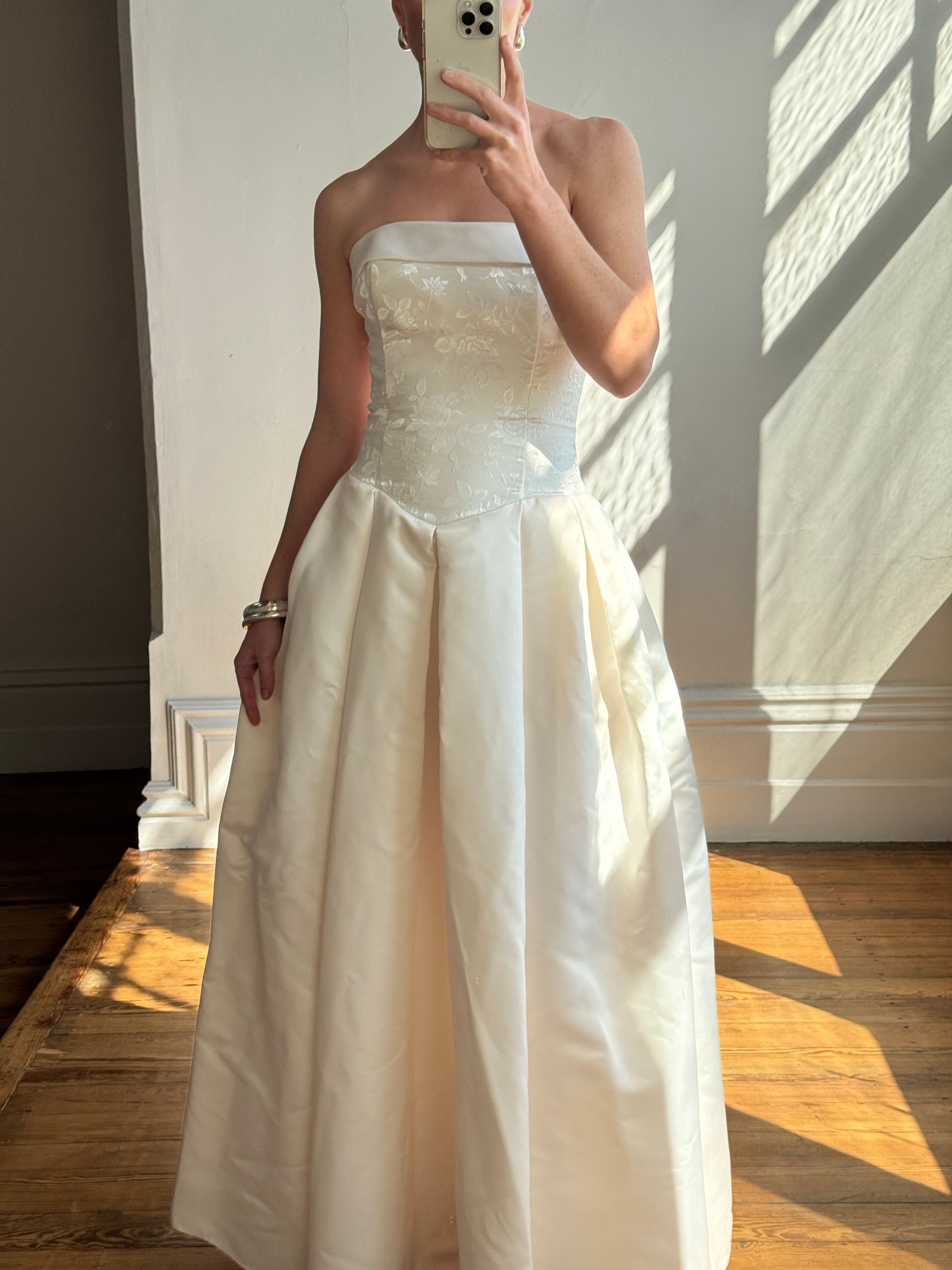 Vintage 90s Strapless Jacquard Satin Princess Wedding Dress