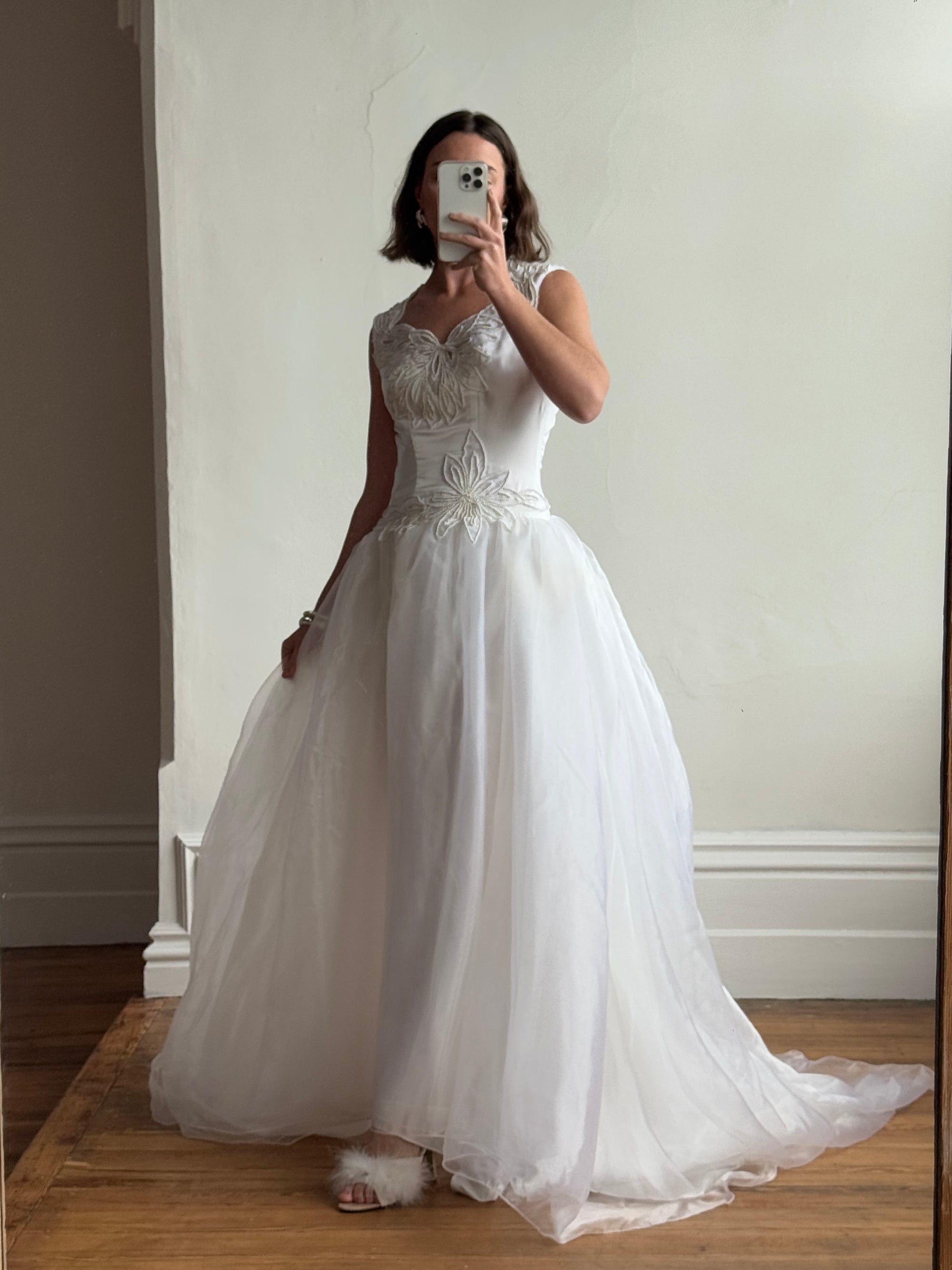 Vintage 80s Pearl Embellished Chiffon Princess Wedding Dress