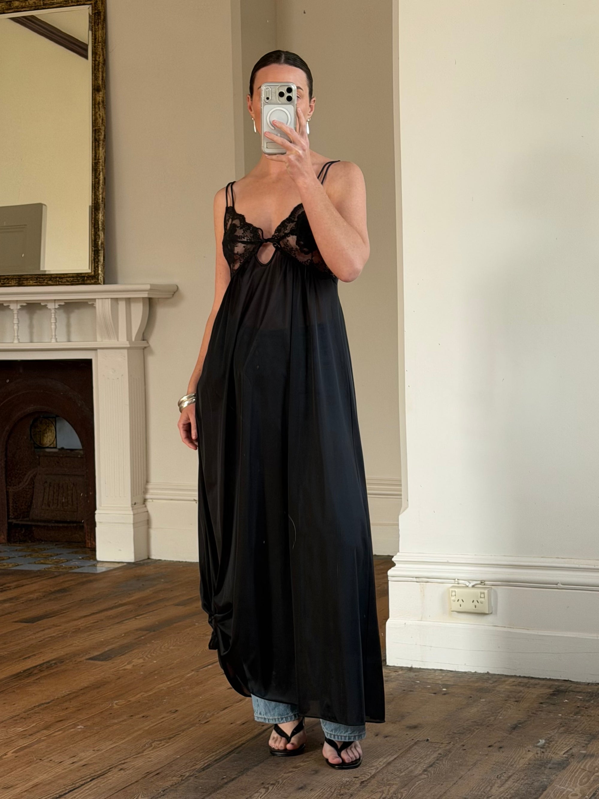 Vintage 80s Sheer Lace Slip Dress Noir