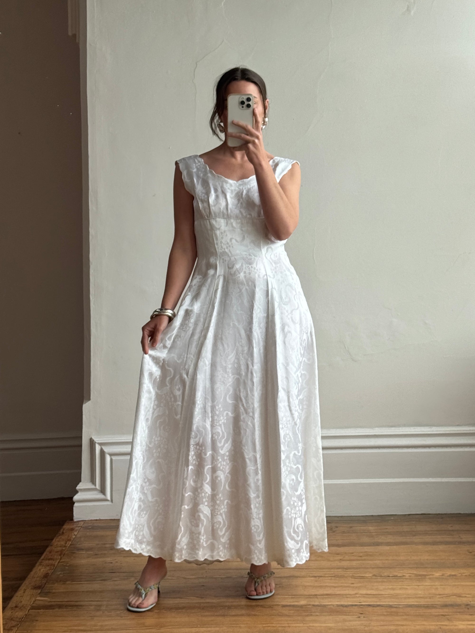 Vintage 50s Satin Jacquard Scalloped Bridal Dress