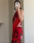 Vintage Y2K Burnt Velvet Beaded Fringe Halter and Skirt Set Crimson