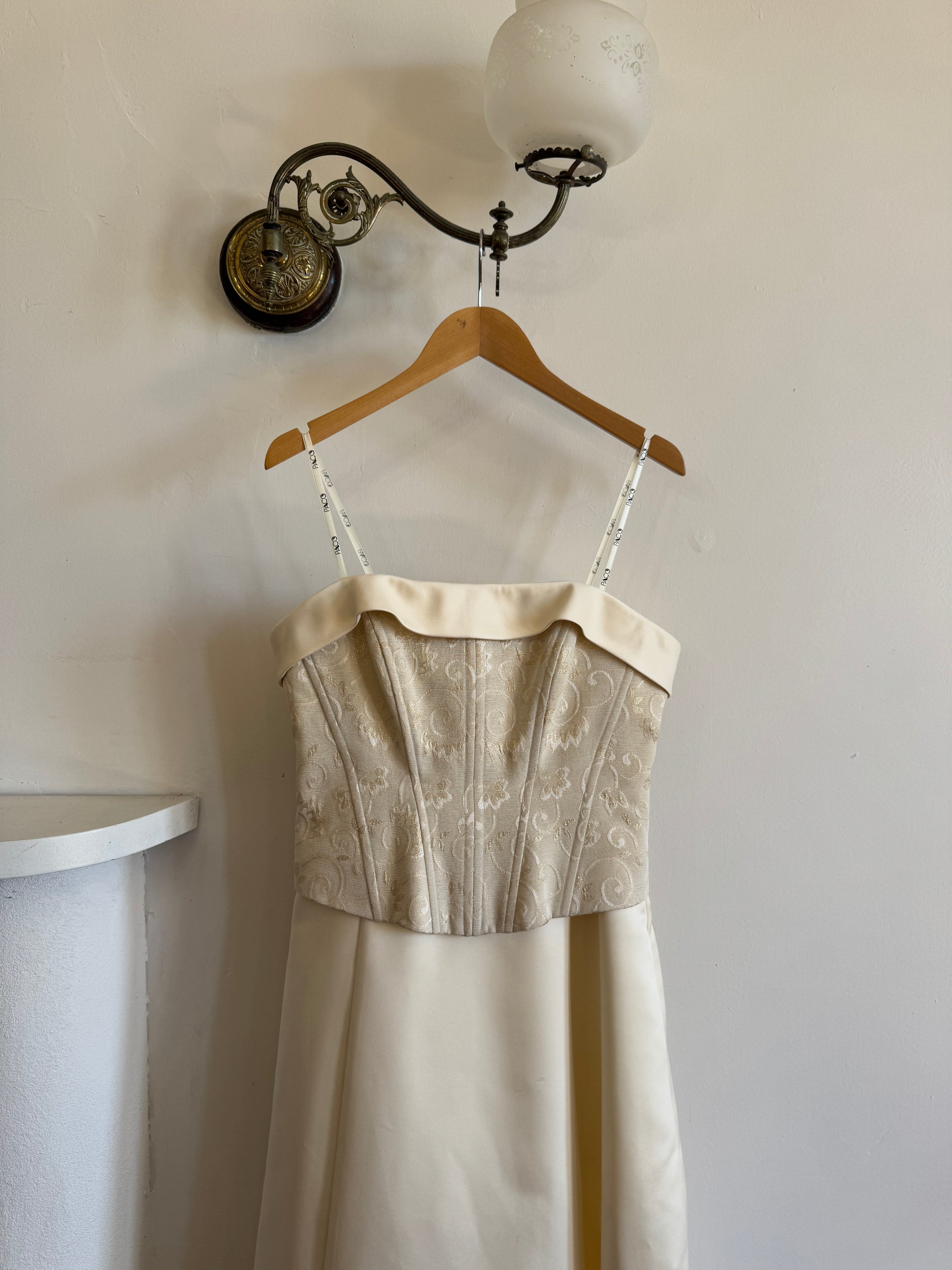 Vintage 90s Light Golden Brocade Strapless Satin Wedding Dress