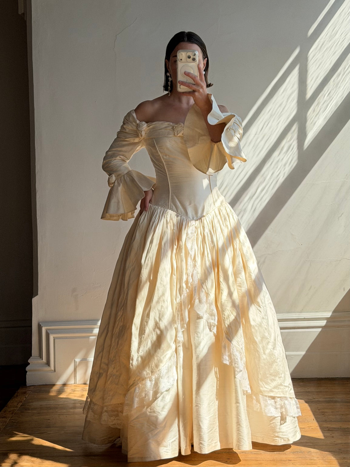 Vintage 90s Silk Dupion Off Shoulder Rosette Bridal Ballgown