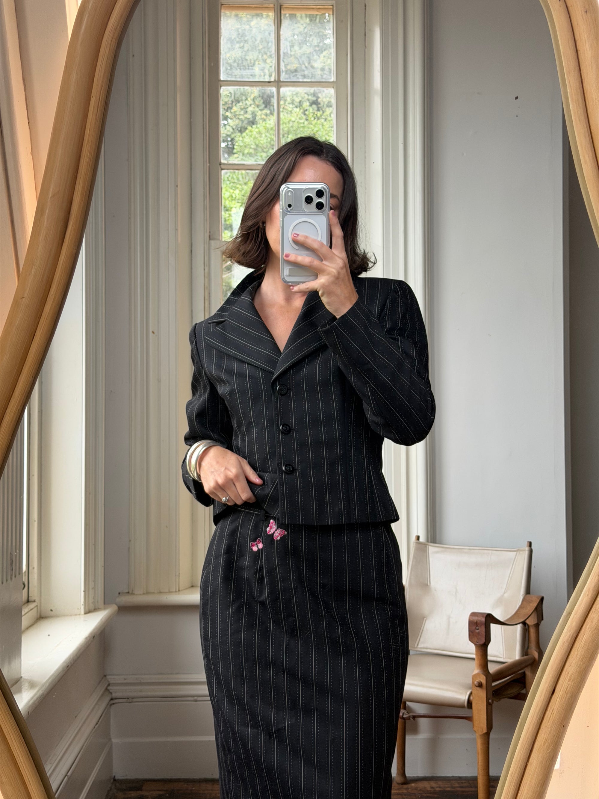 Vintage 90s Escada Pinstripe Wool Butterfly Tailored Set