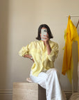 Vintage 90s Pure Linen Button Up Shirt Blouse Lemon