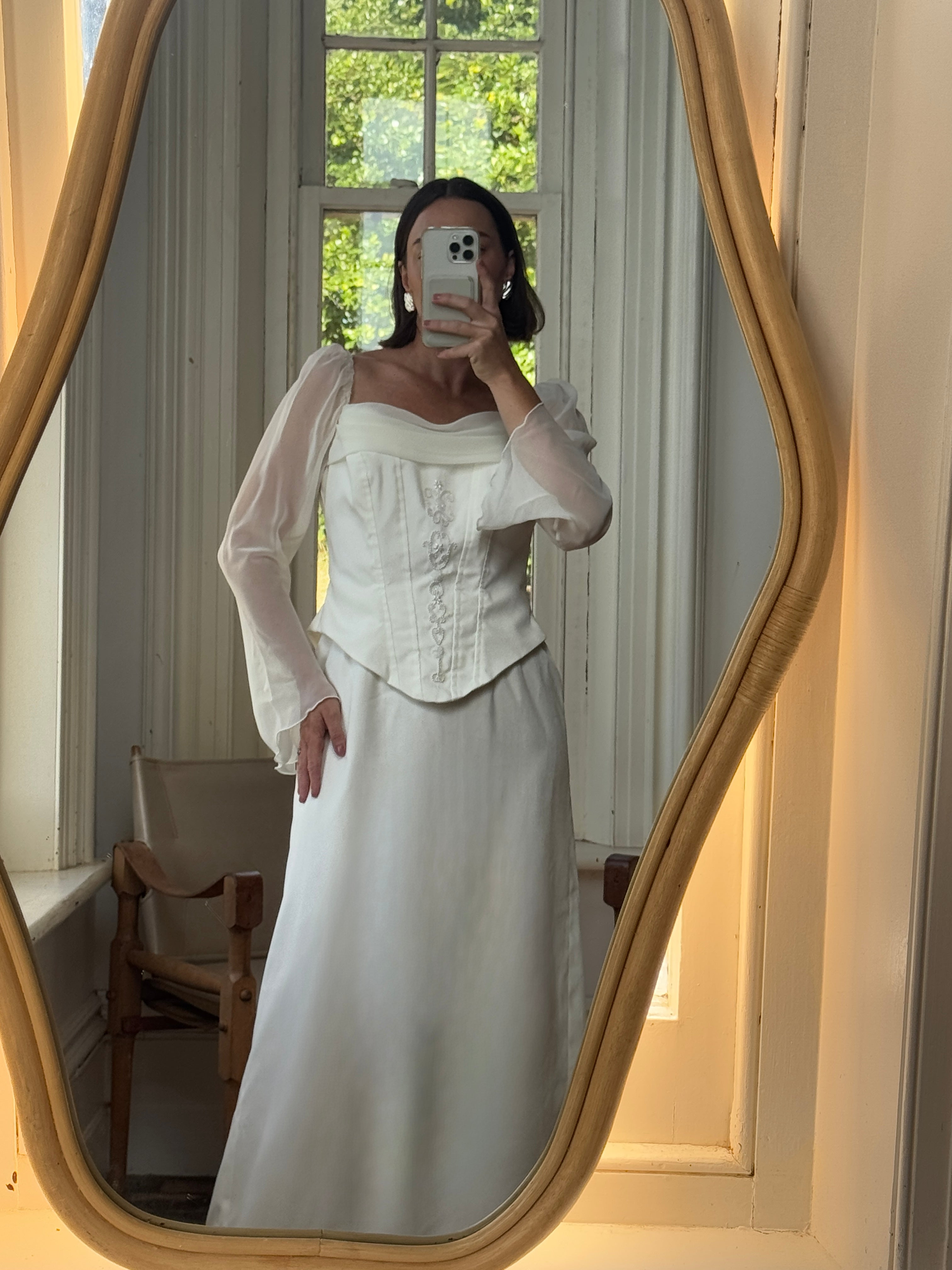 Vintage 80s Chiffon Sleeve Wedding Dress With Corset