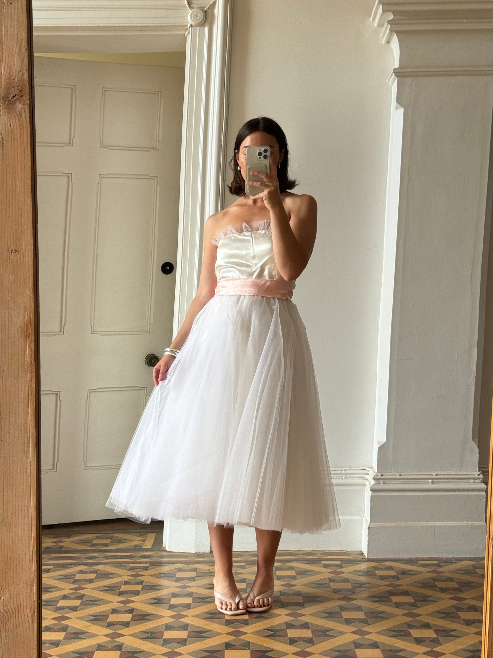 Vintage 80s Cupcake Tulle Dress With Salmon Waist Tie