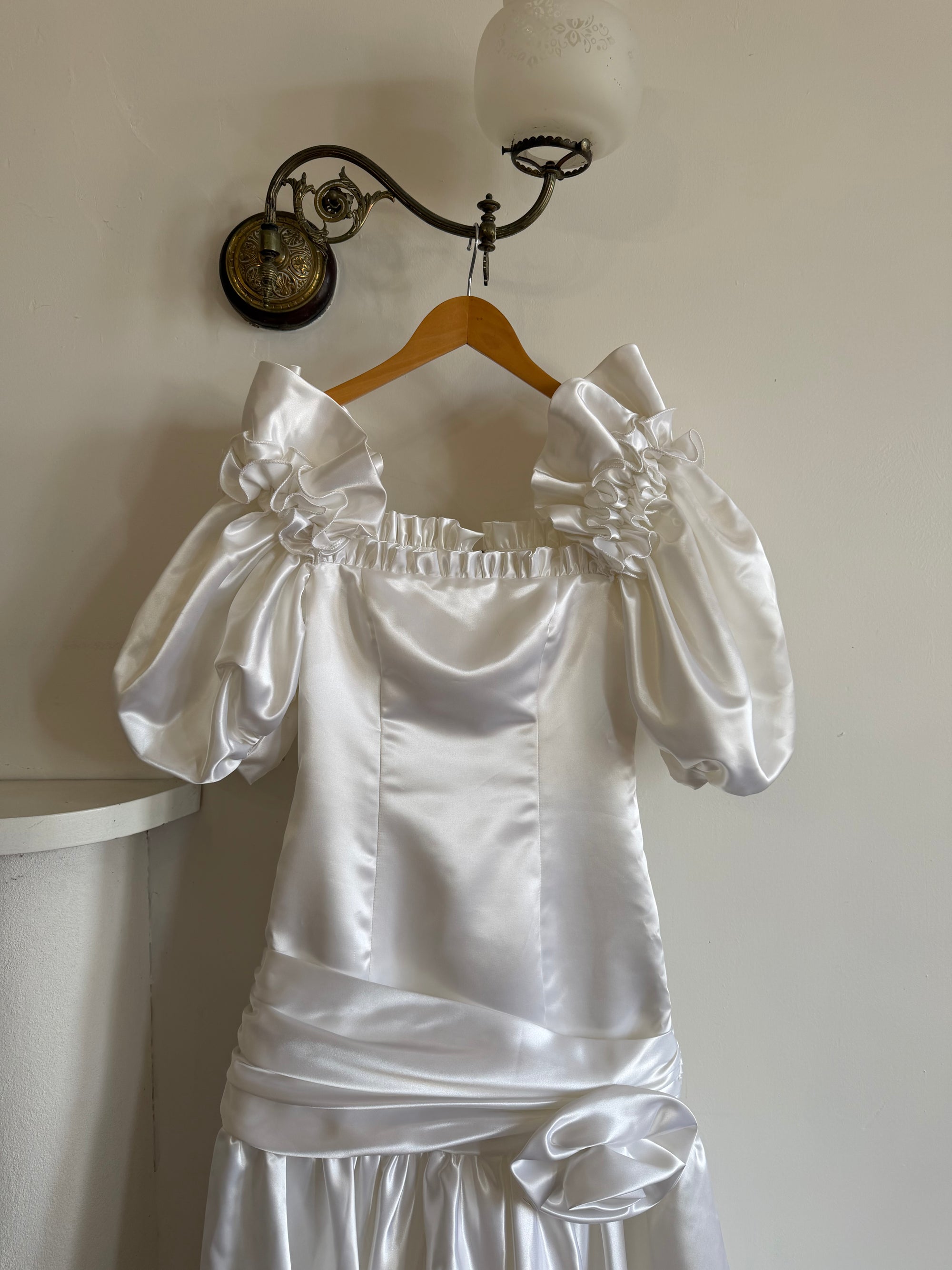 Vintage 80s Satin Drop Waist Wedding Gown