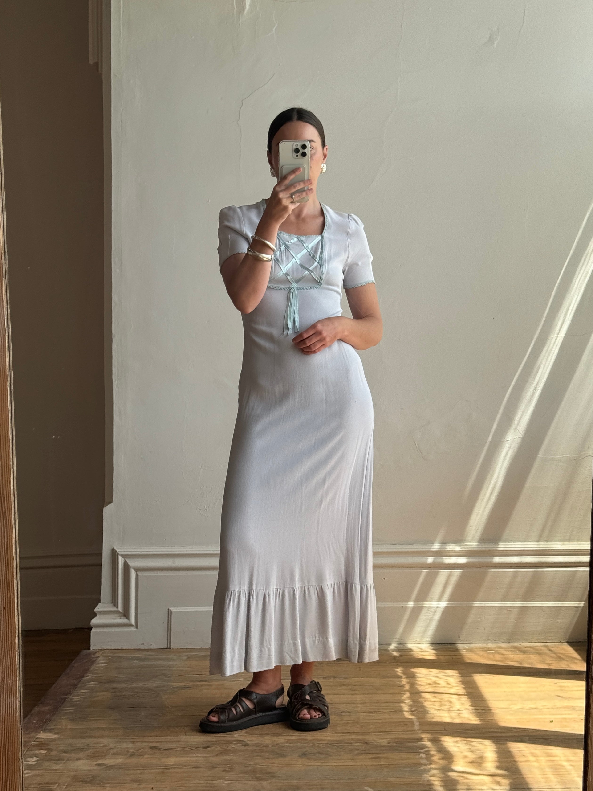 Vintage 70s Milkmaid Crepe Sundress Ice Blue
