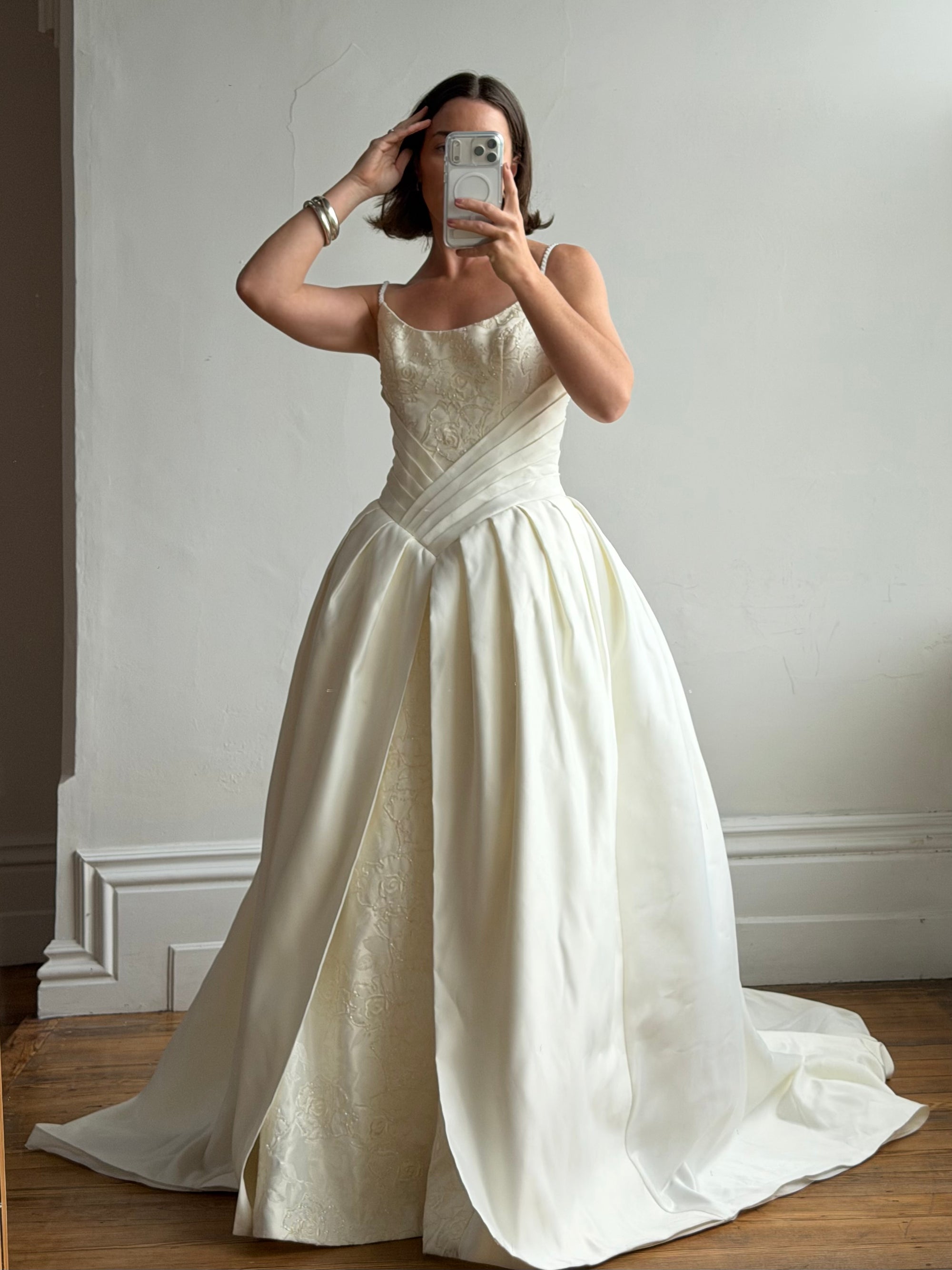 Vintage 90s Pleated Jacquard Satin Wedding Gown