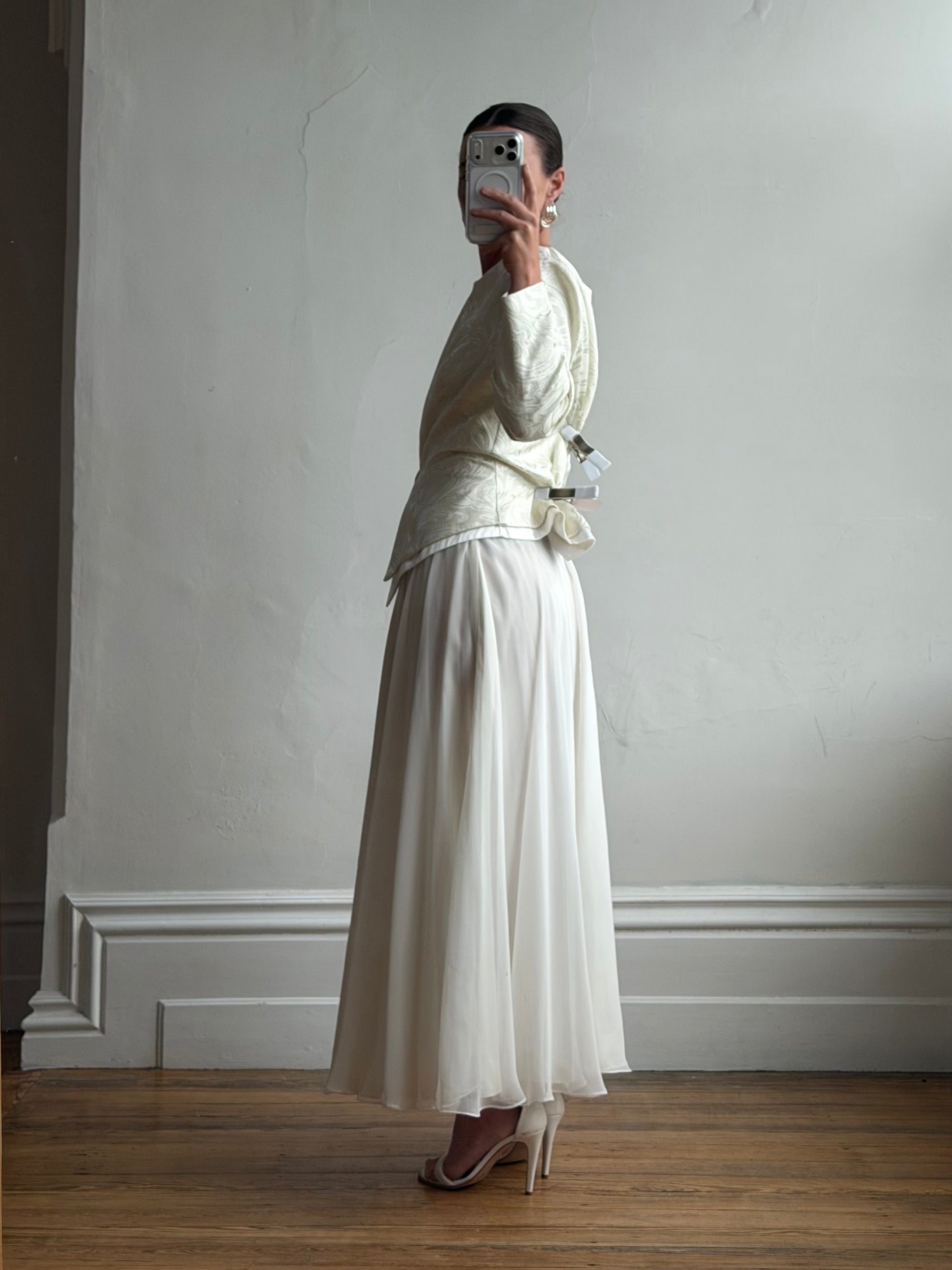 Vintage 90s Jacquard Rhinestone Jacket and Chiffon Bridal Skirt Set