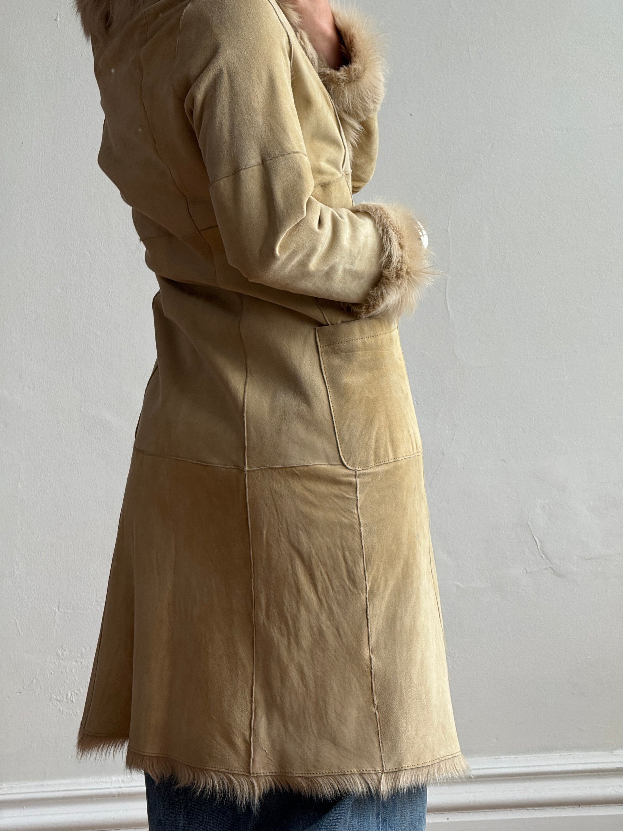 Vintage 90s Patchwork Leather Mid Length Coat with Fur Lining