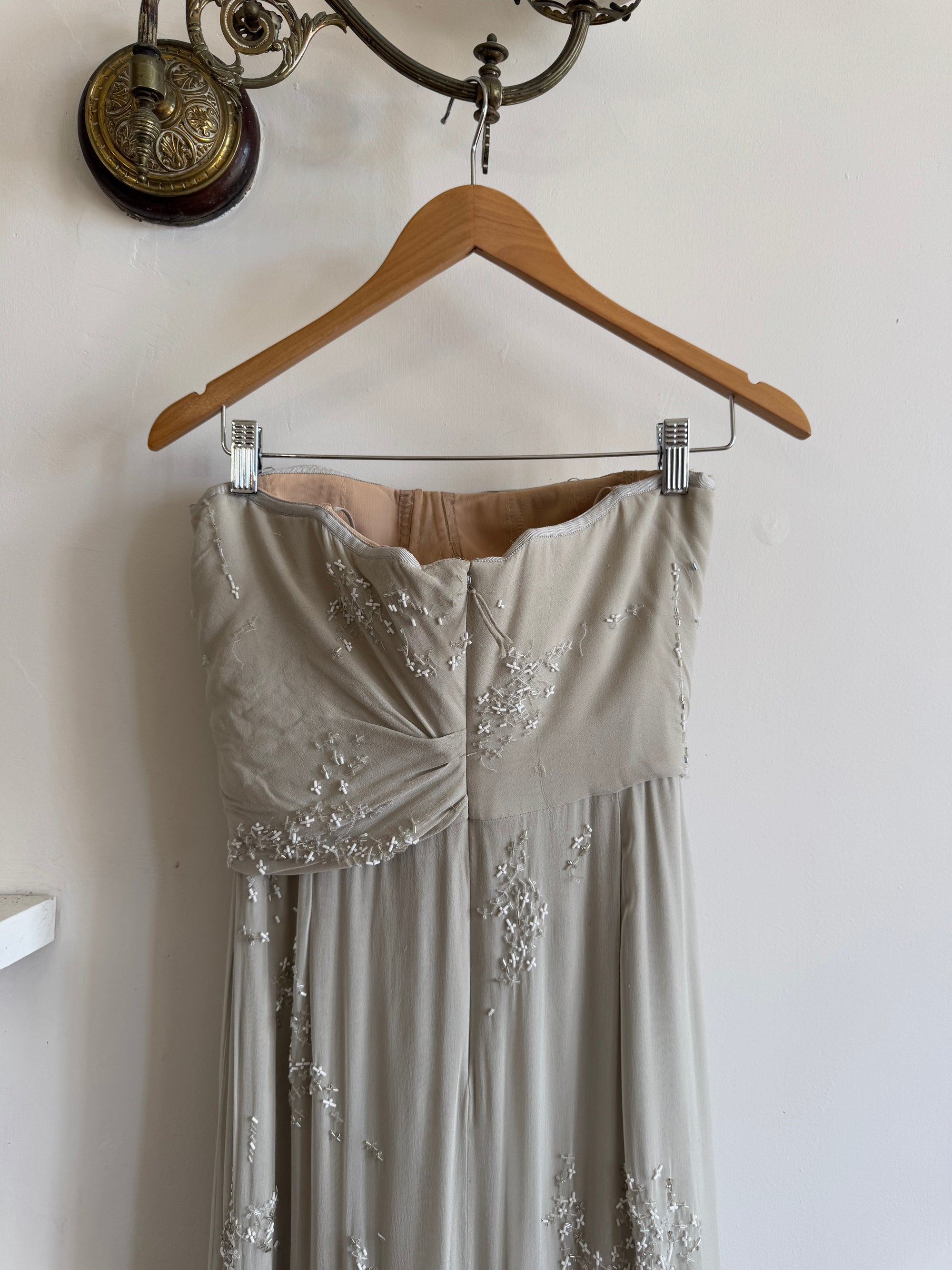 Archival Y2K J Mendel Pure Silk Beaded Wedding Dress Pale Grey