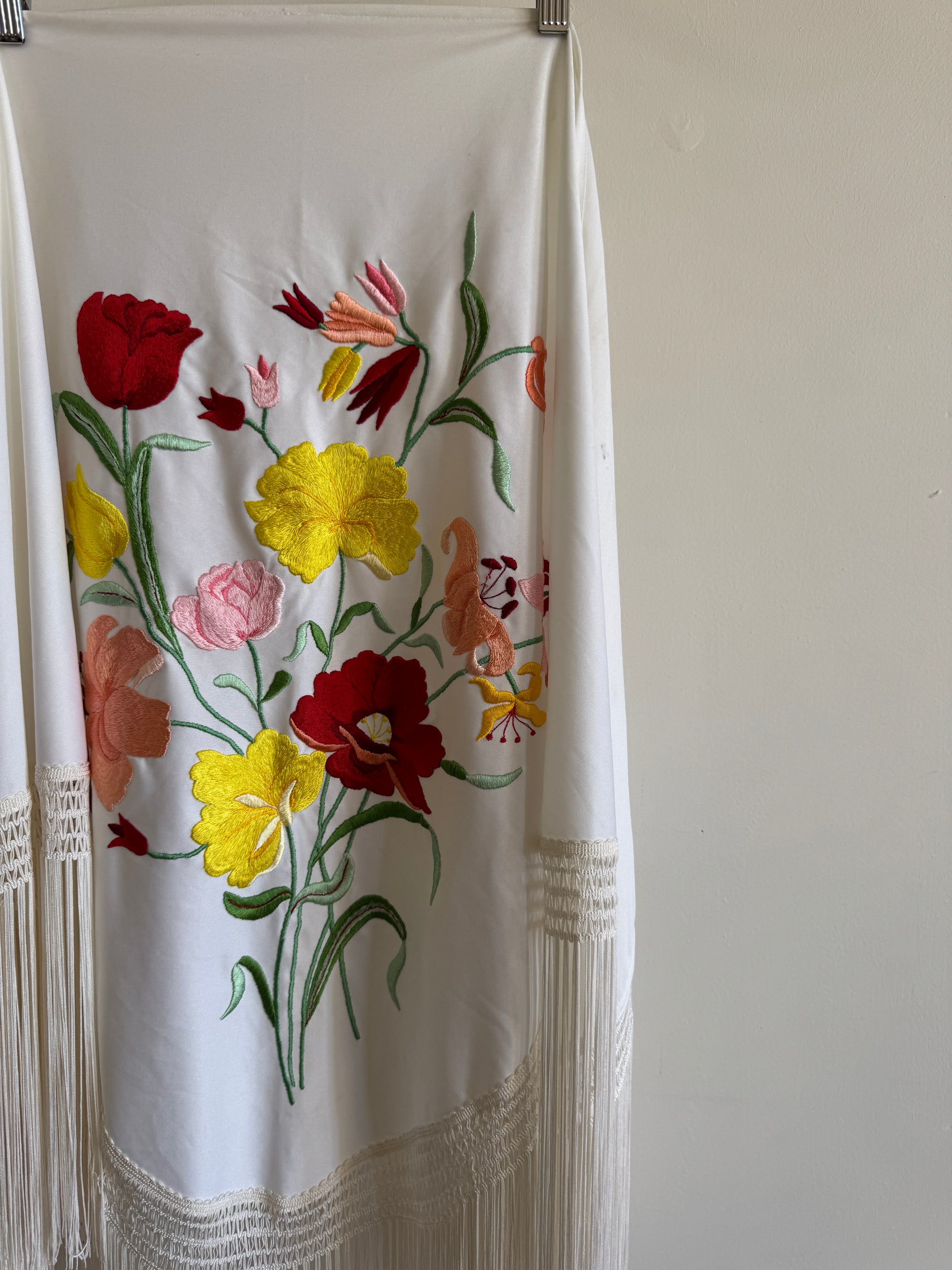 Vintage Embroidered Large Spanish Flamenco Scarf White