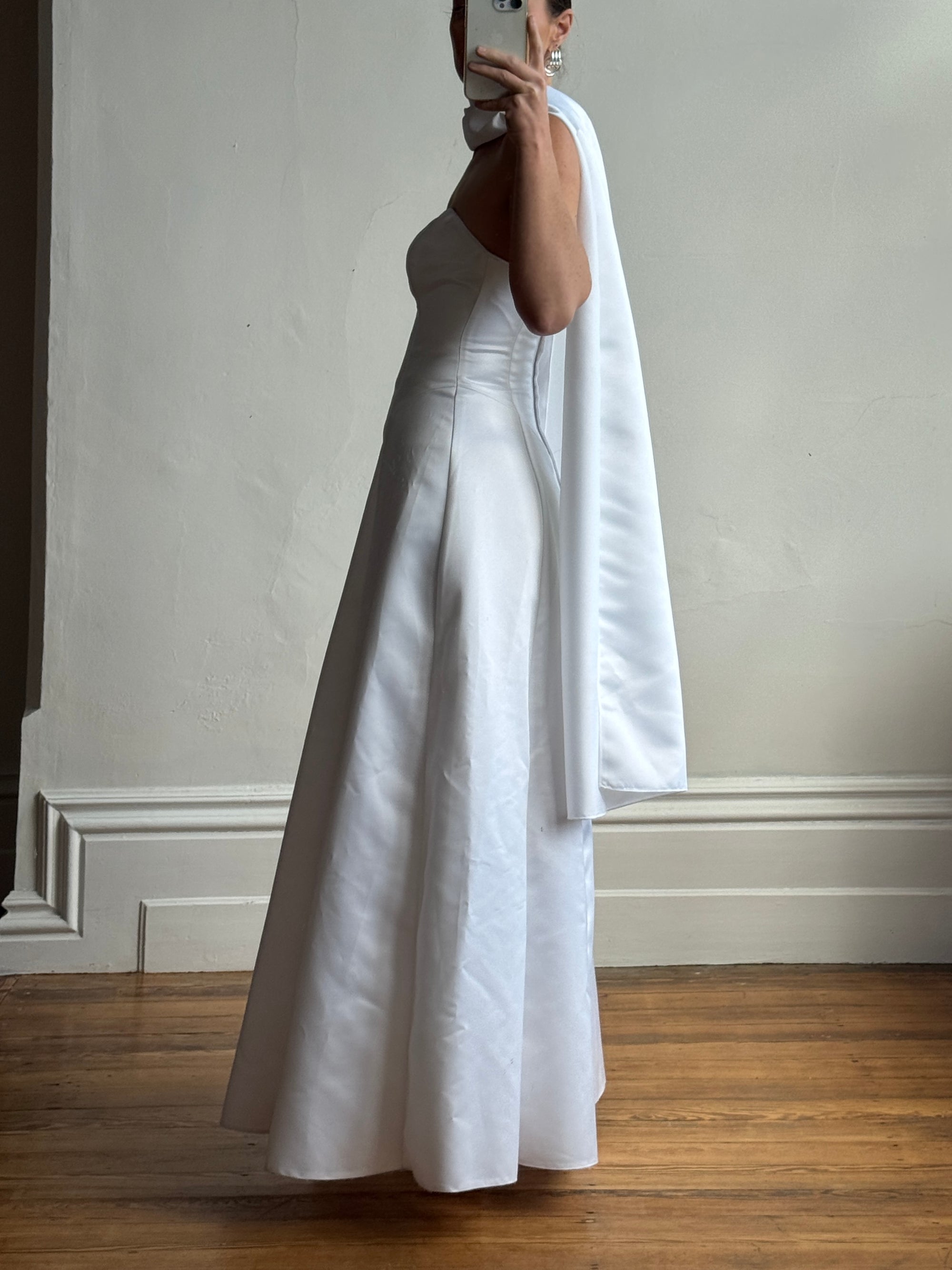 Vintage 90s A-Line Strapless Satin Wedding Dress with Shawl