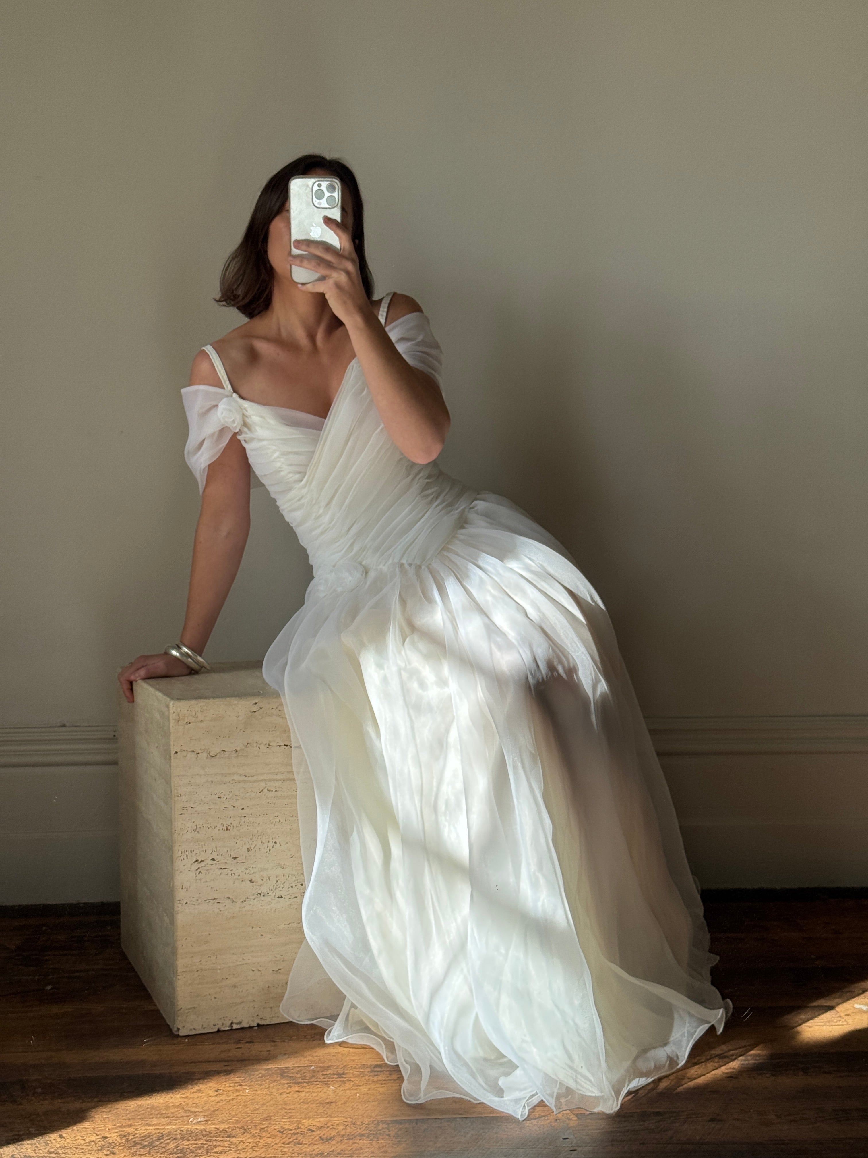 Vintage 80s Chiffon Rosette Off Shoulder Wedding Dress