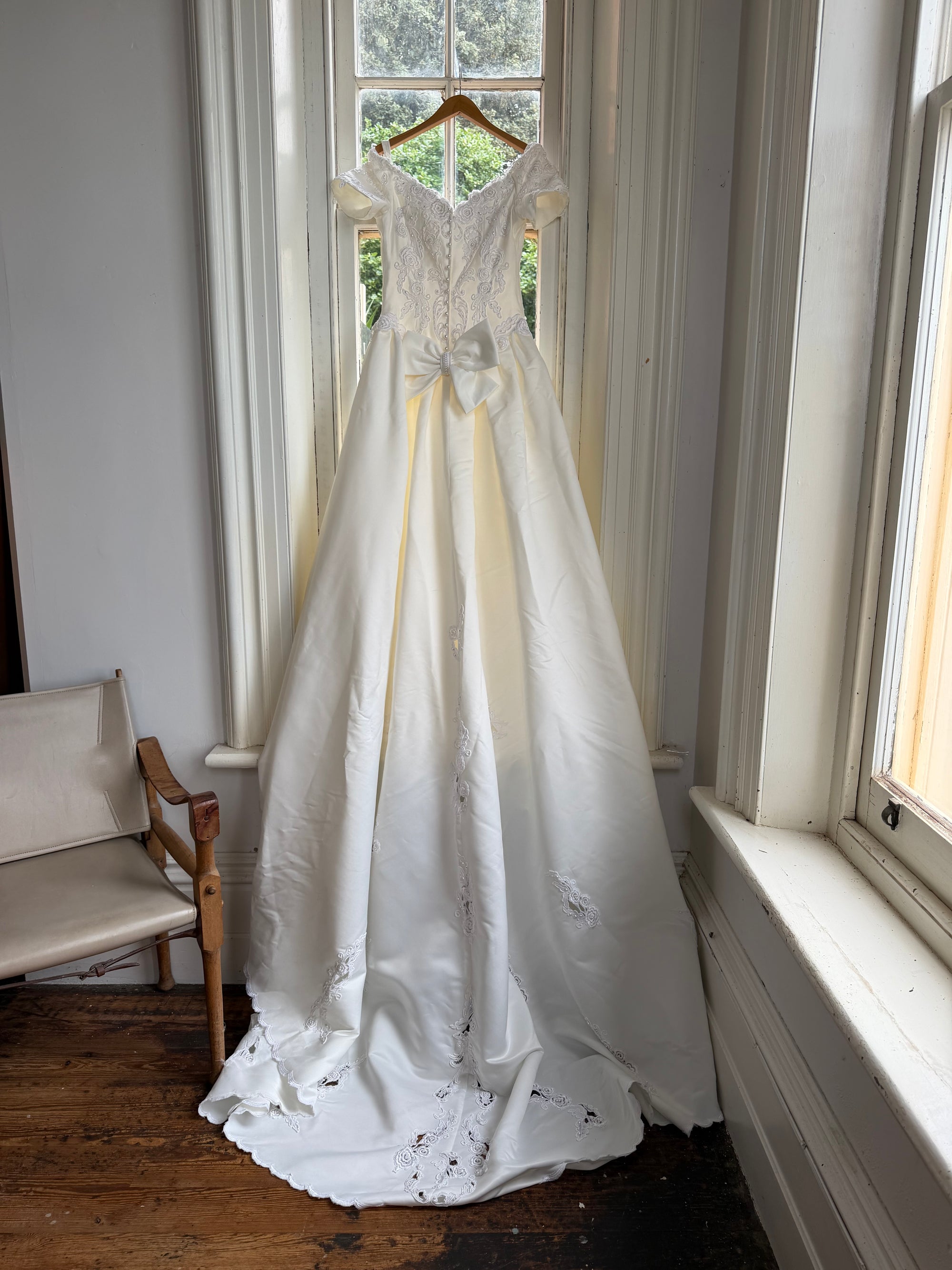 Vintage 90s Embellished Off Shoulder Satin Wedding Gown