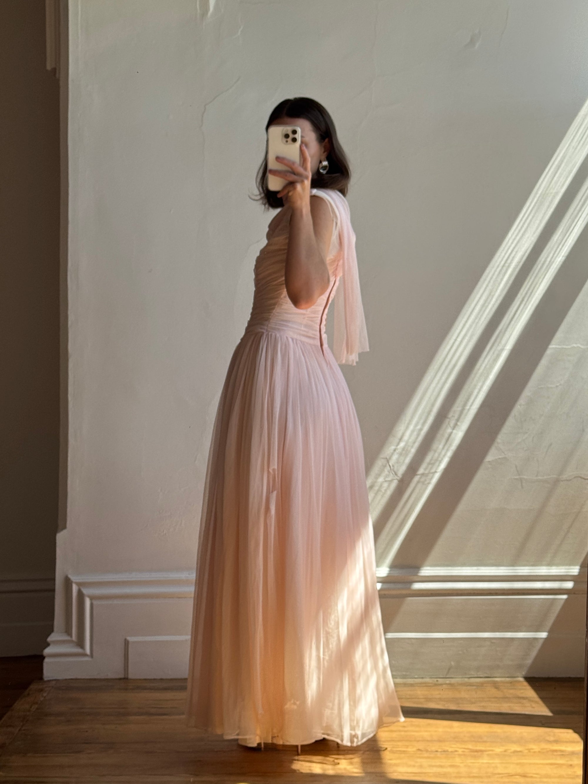 Vintage 60s Chiffon Gathered Pale Pink Maxi Gown