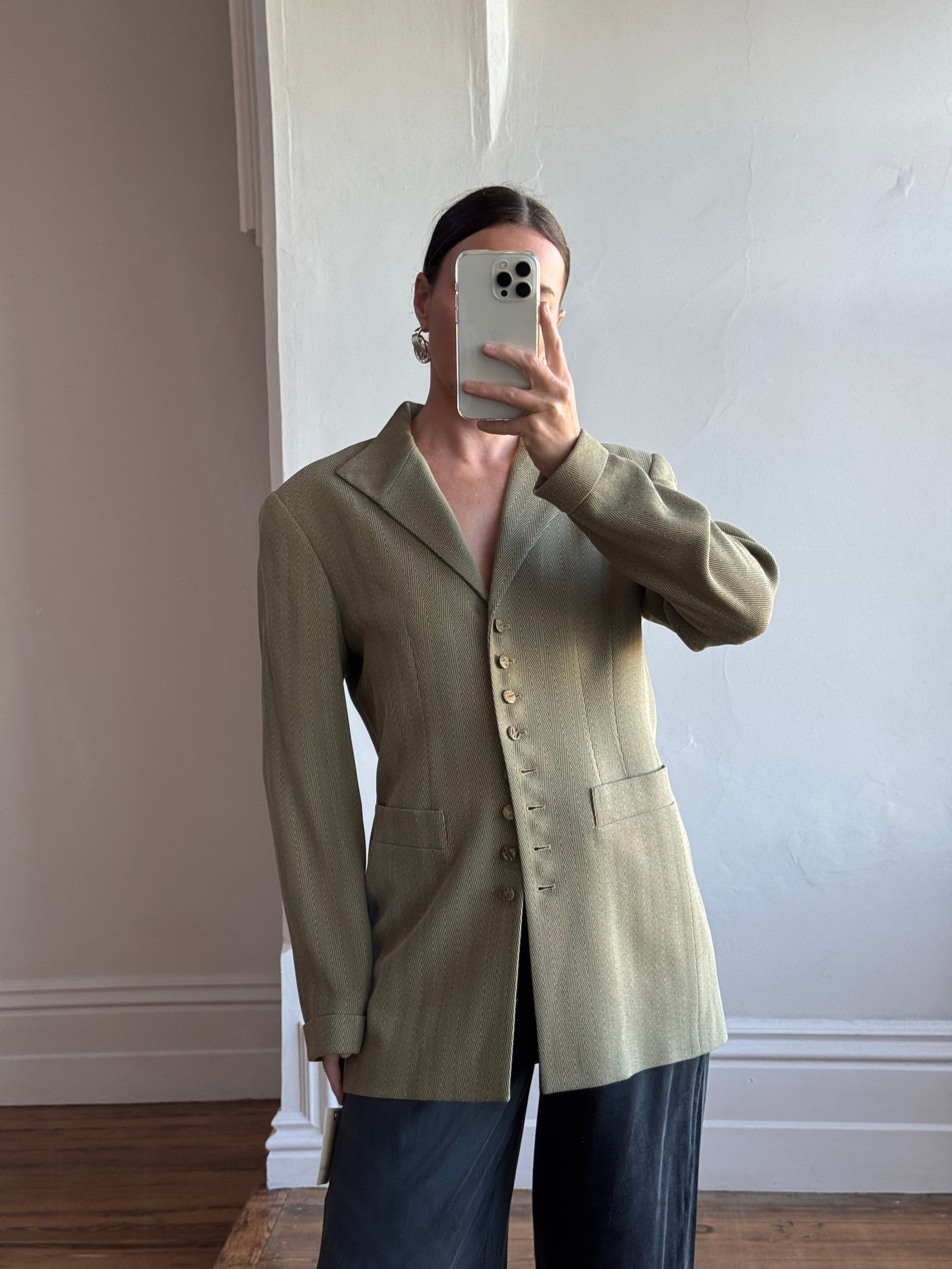 Vintage 90s Estate Olive Herringbone Wool Tailored Blazer
