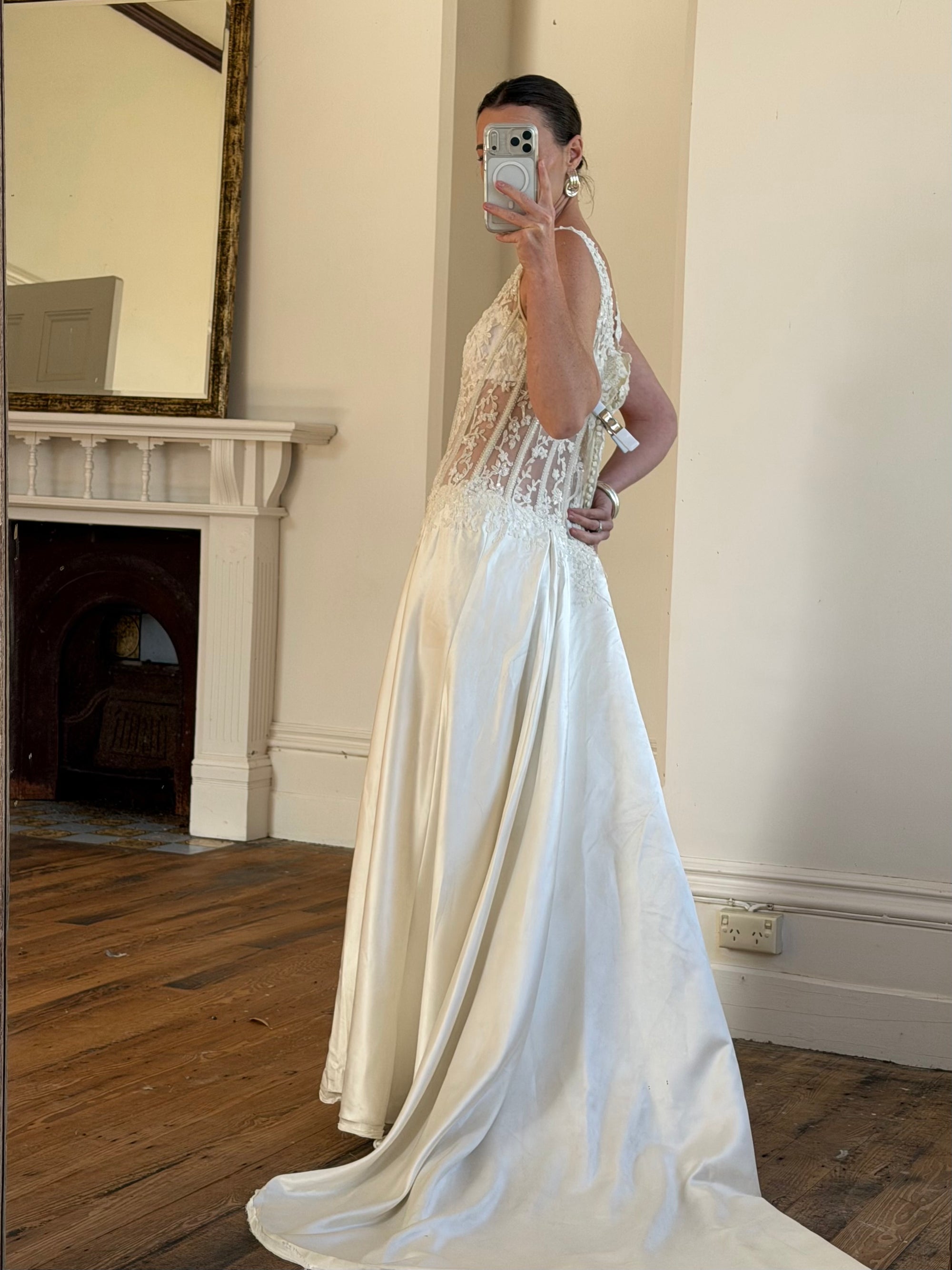 Vintage 90s Italian Naked Embroidered Satin Wedding Dress