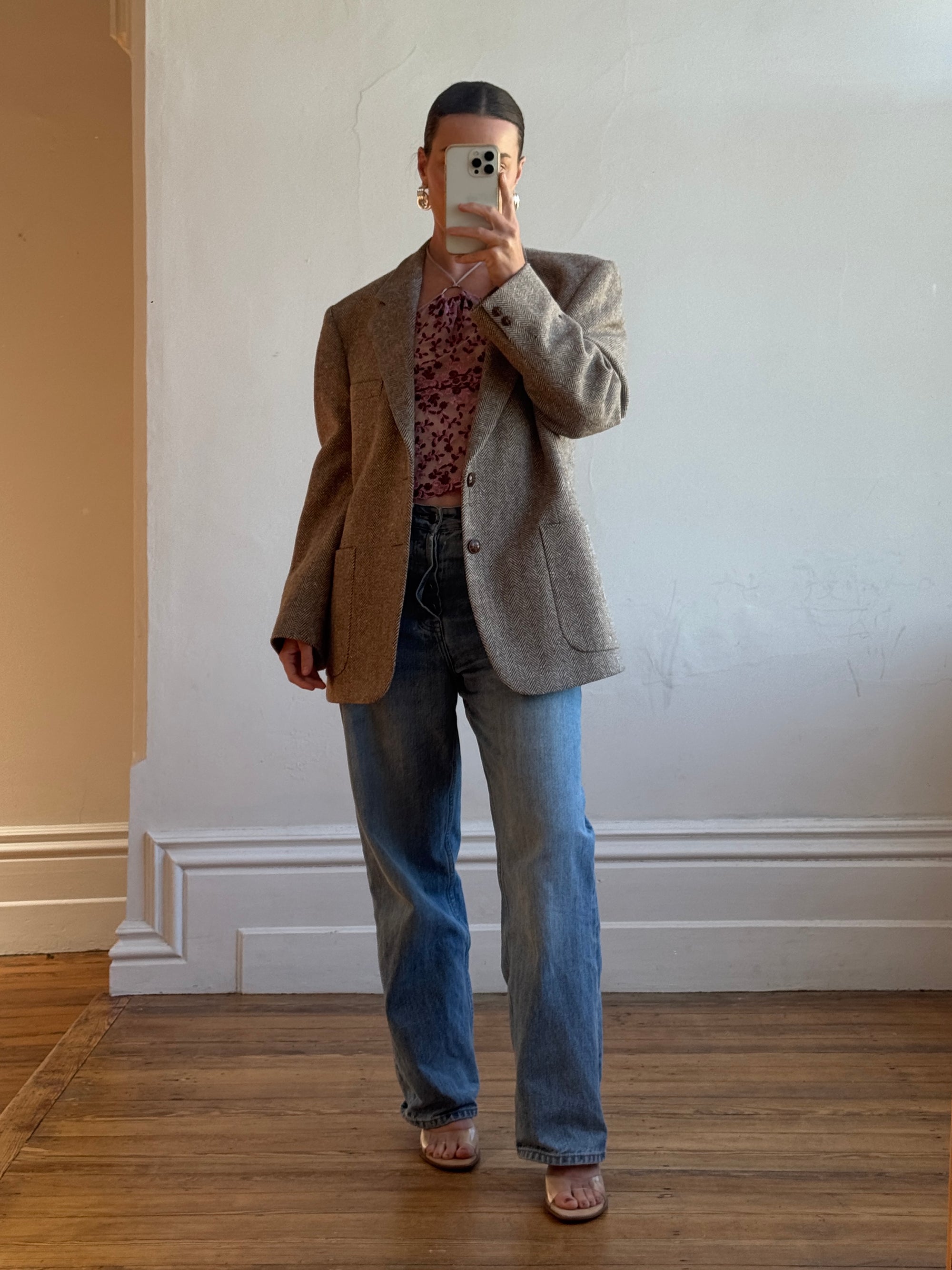 Vintage 60s Wool Plaid Blazer Brown Herringbone