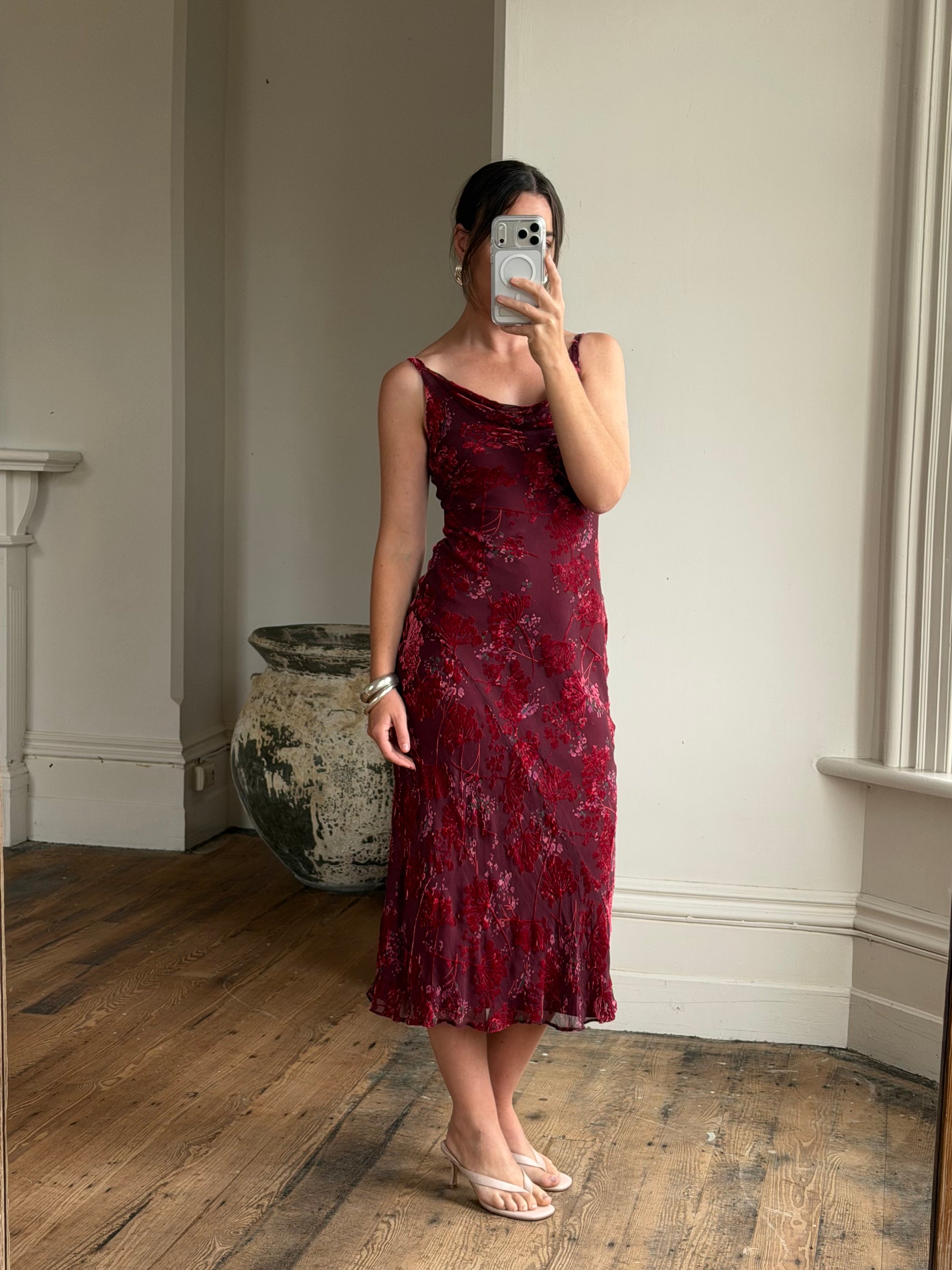 Vintage 90s Burnt Velvet Cowl Neck Dress Plum