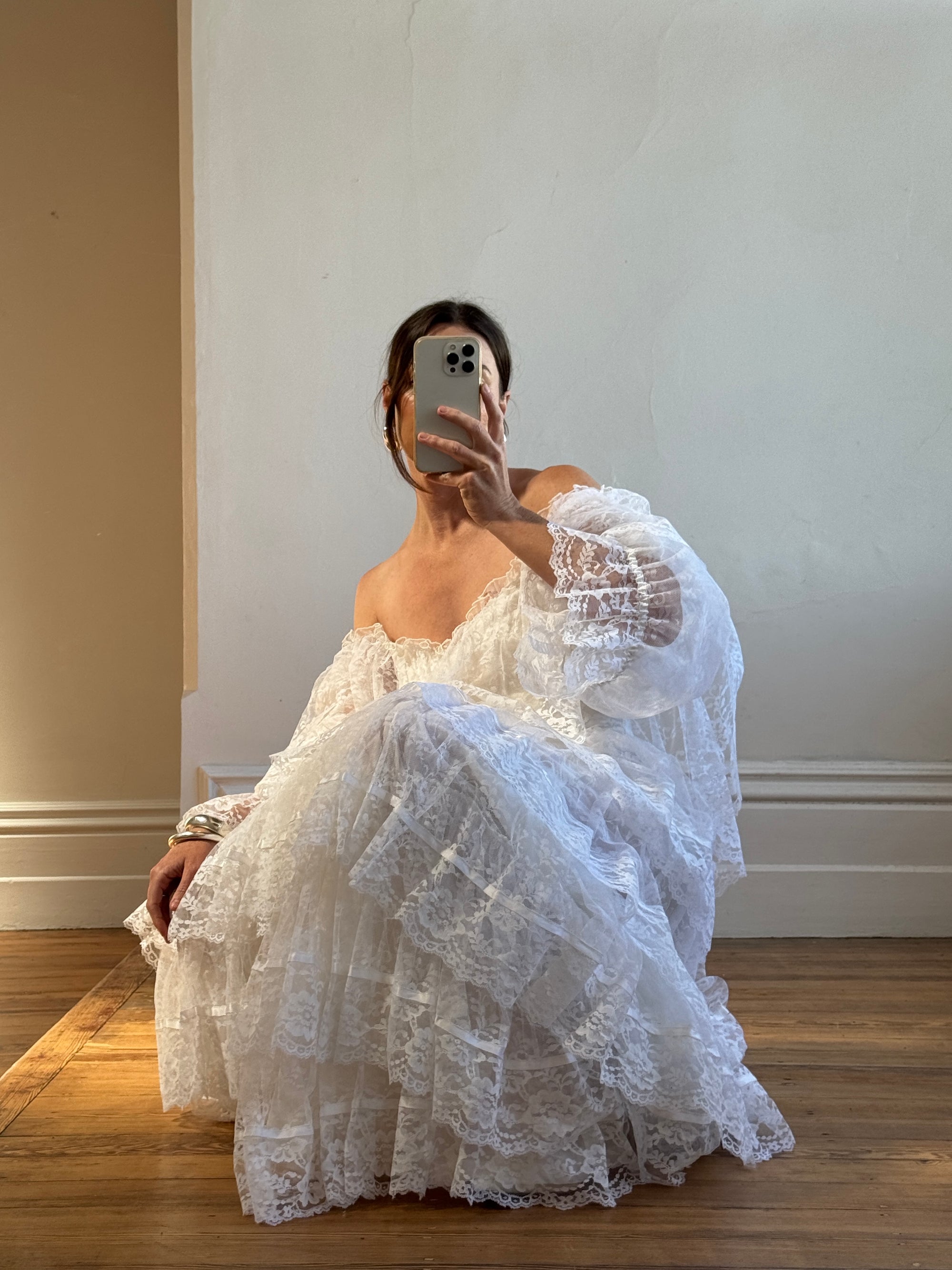 Vintage 70s Tiered Lace Ruffle Wedding Gown