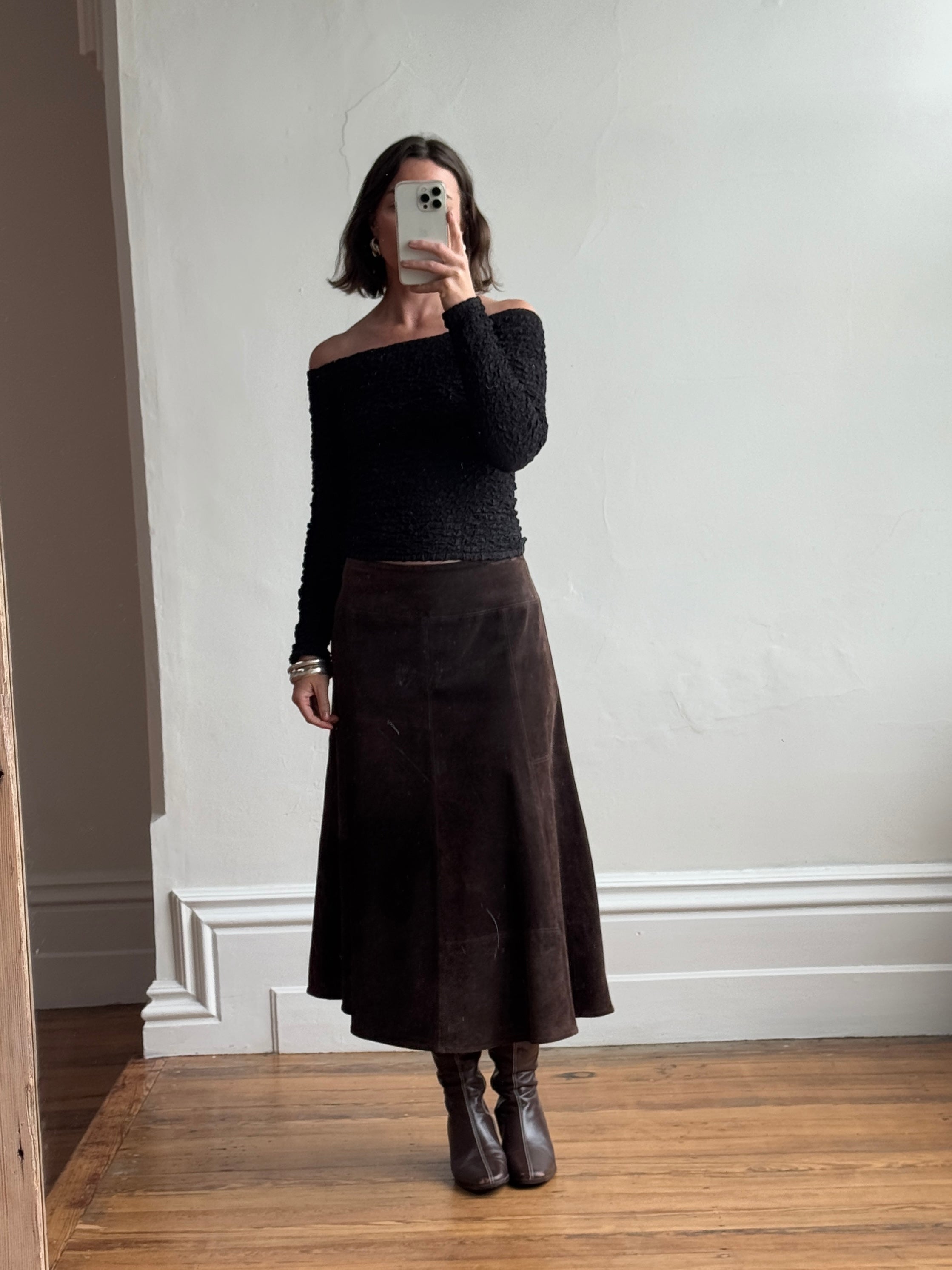 Vintage 90s Chocolate Patchwork Suede Leather Skirt