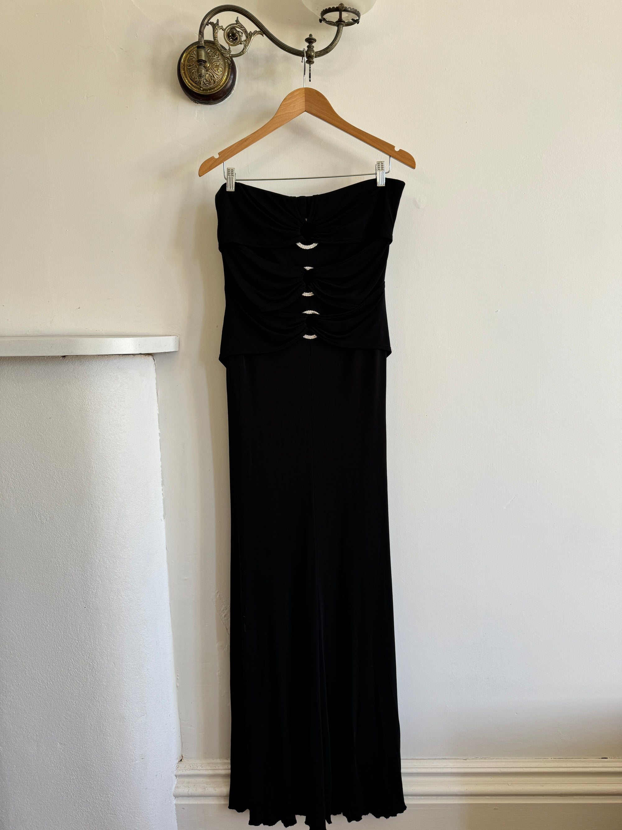 Vintage 90s Strapless Jersey Maxi Dress With Rhinestone Loops