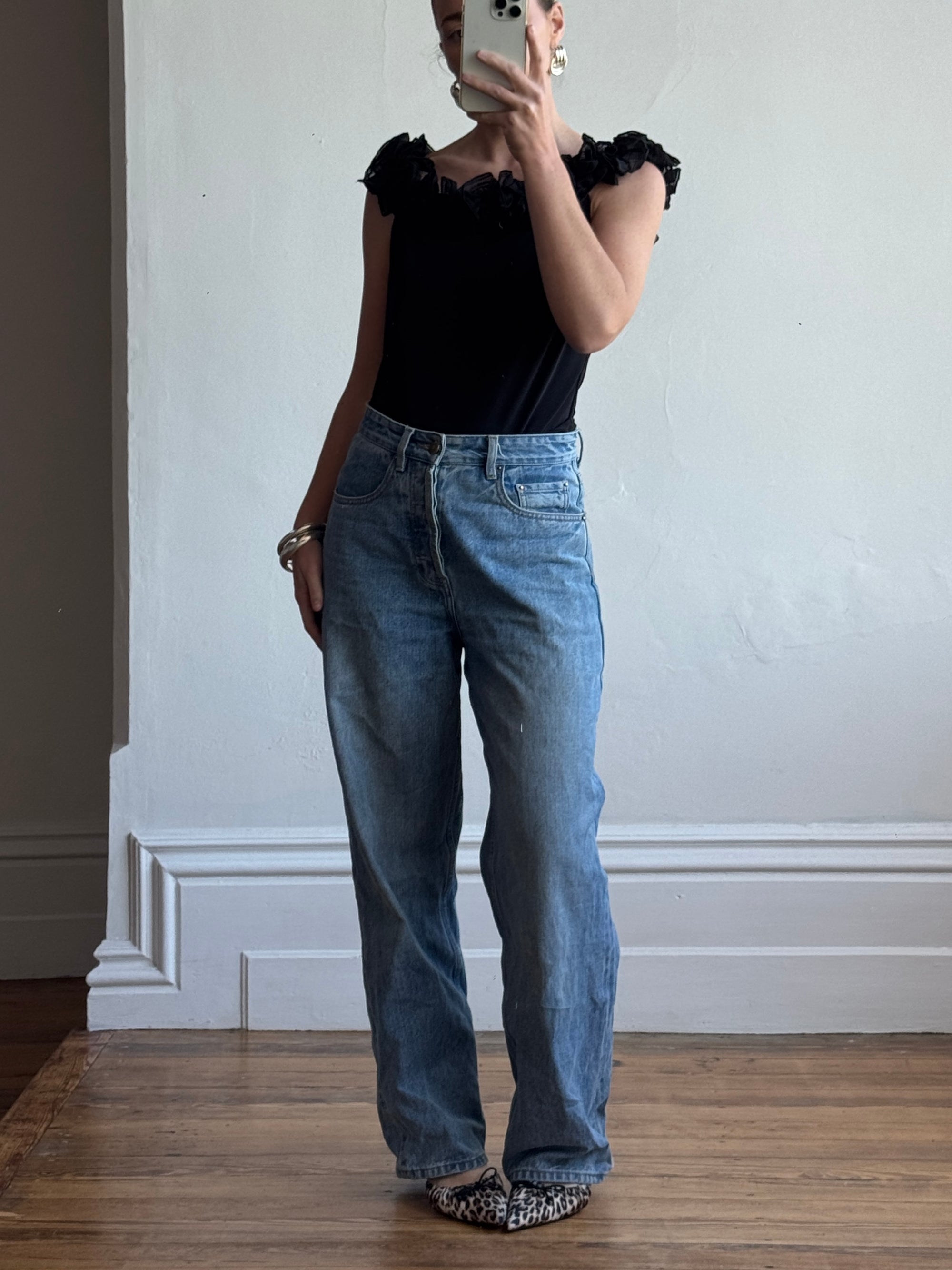 Vintage 90s Jersey Ruffle Off the Shoulder Top Noir