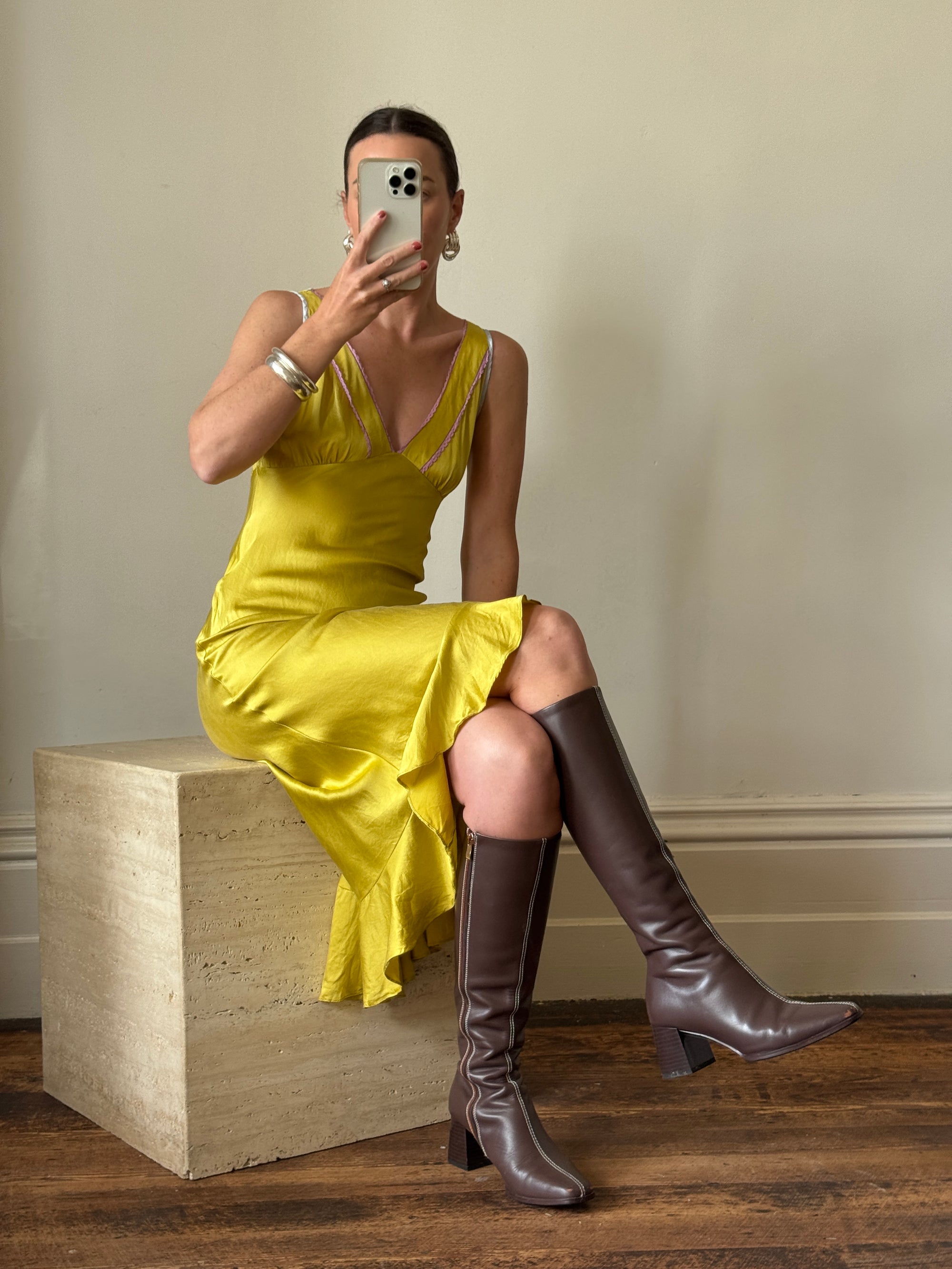 Vintage 90s Pure Silk Bias Midi Dress Chartreuse Multi