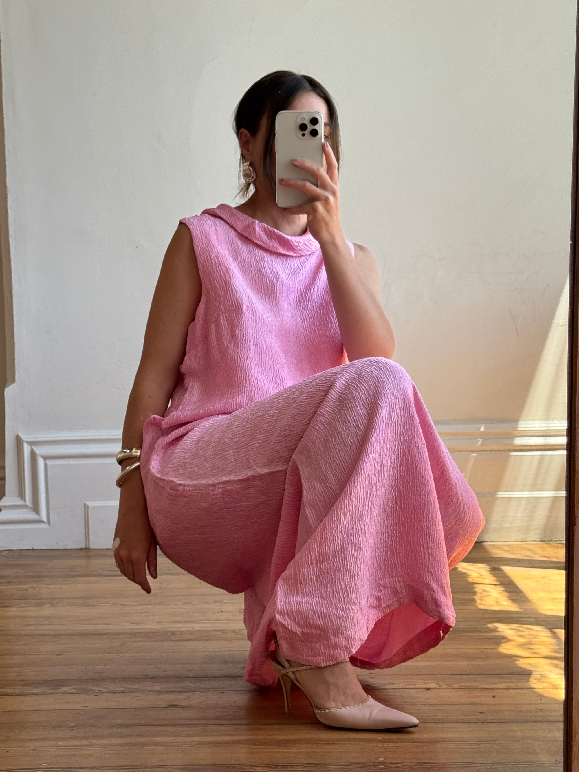 Vintage 80s Boat Neck Crinkle Dress Hot Pink