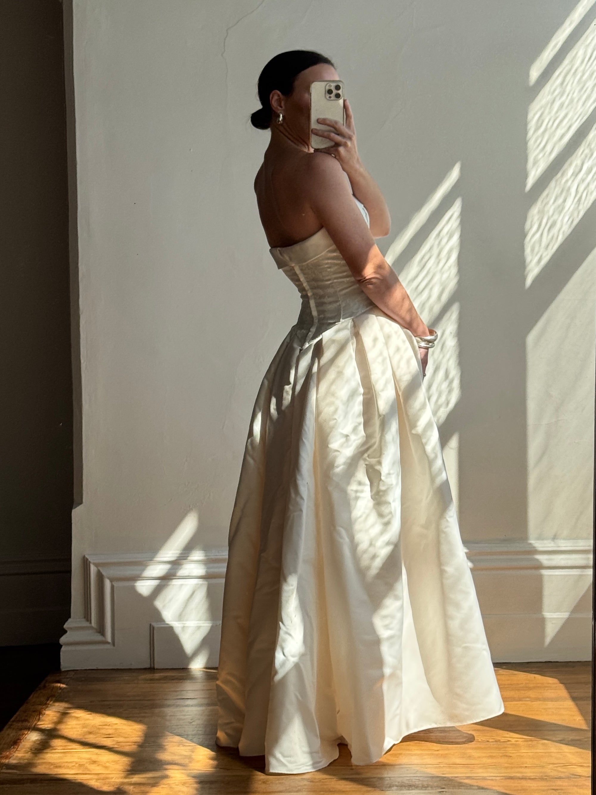 Vintage 90s Strapless Jacquard Satin Princess Wedding Dress