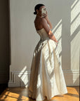 Vintage 90s Strapless Jacquard Satin Princess Wedding Dress