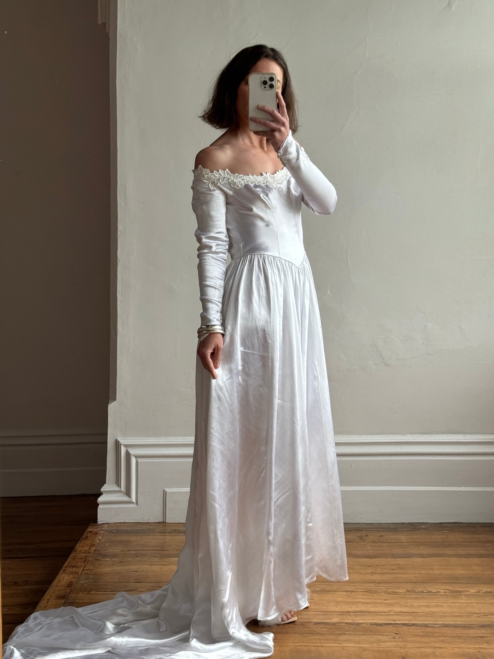 Vintage 50s Liquid Satin Scoop Applique Wedding Gown