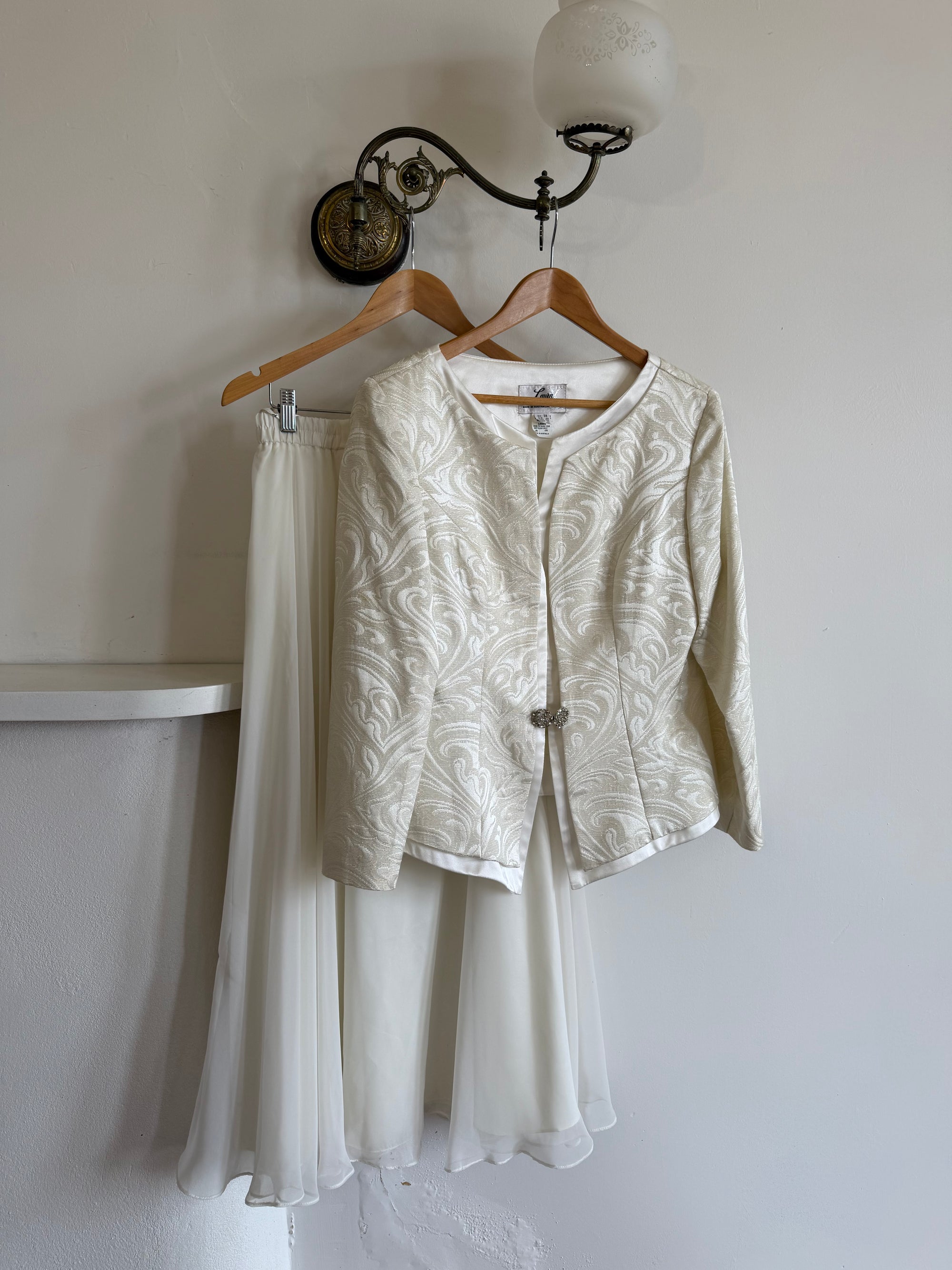 Vintage 90s Jacquard Rhinestone Jacket and Chiffon Bridal Skirt Set