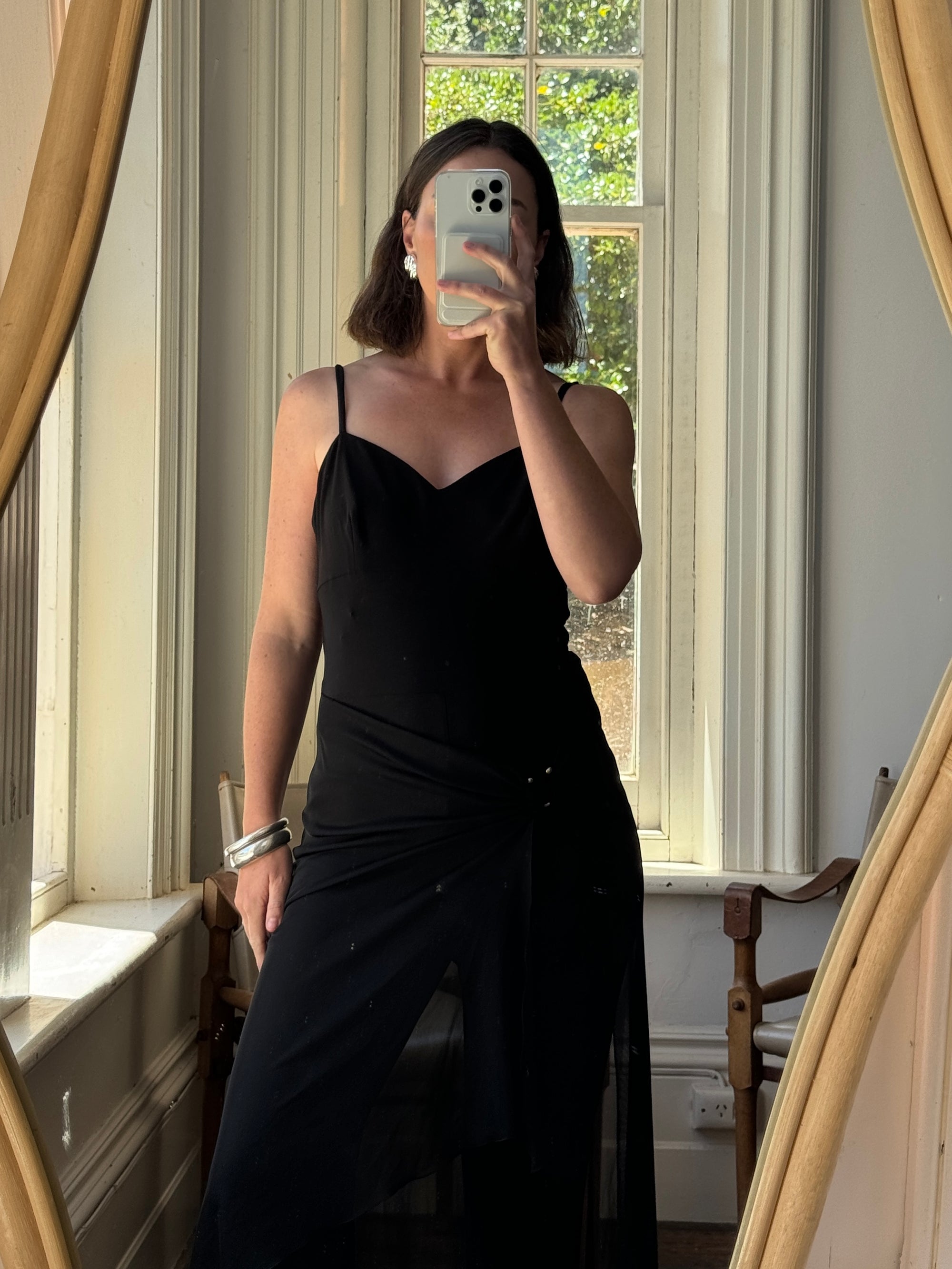 Vintage 90s Strappy Pantsuit with Sheer Skirt Overlay Noir
