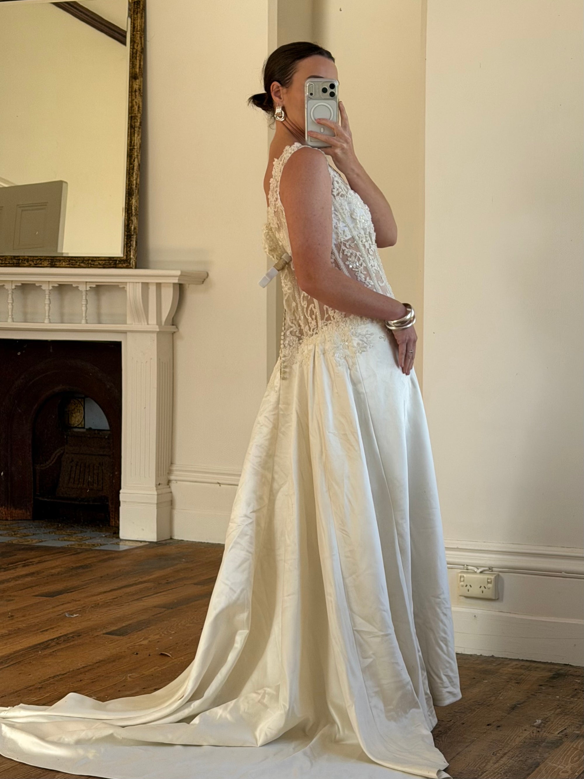 Vintage 90s Italian Naked Embroidered Satin Wedding Dress