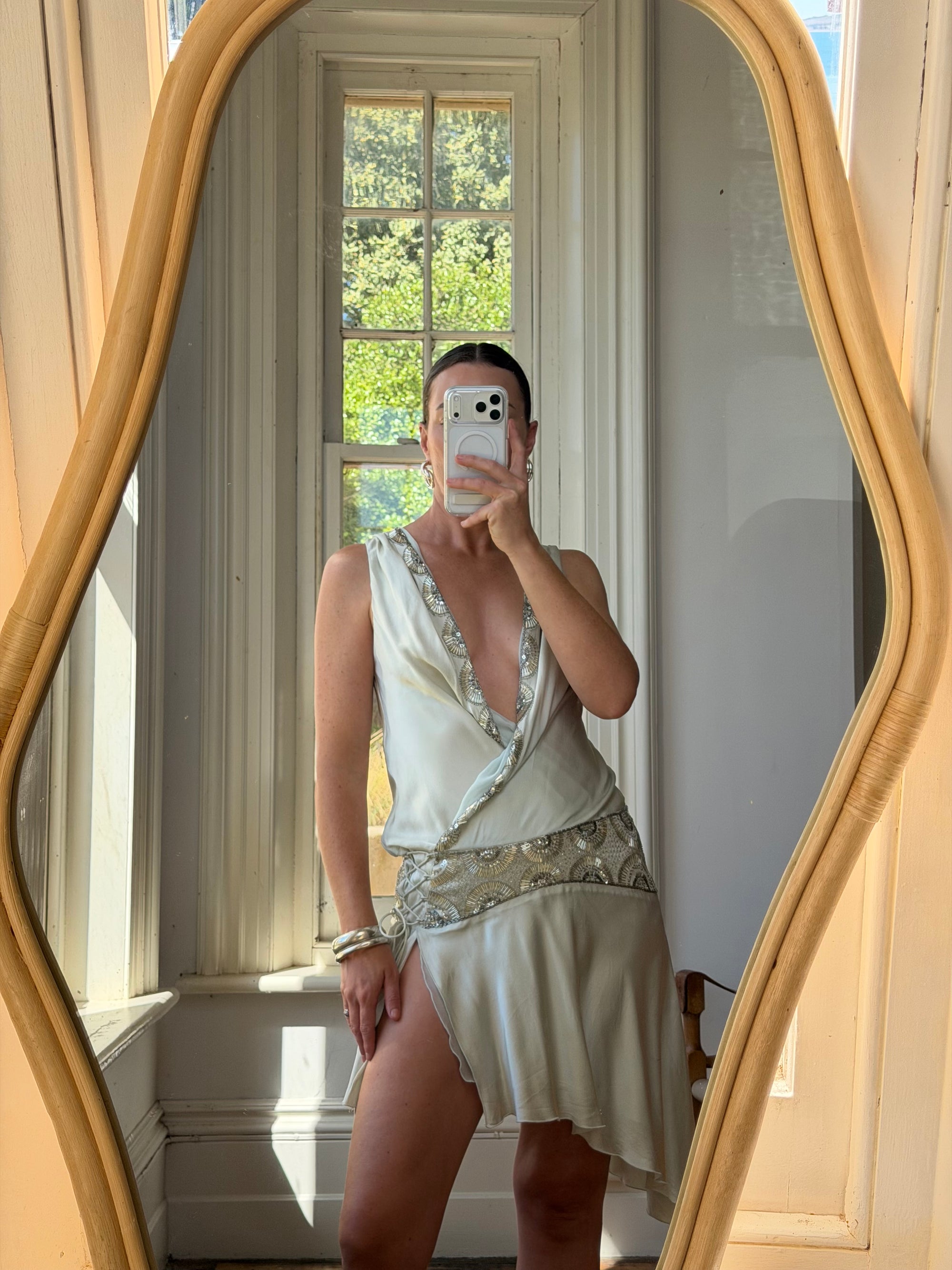 Vintage Y2K Pure Silk Drop Waist Beaded Mini Ice