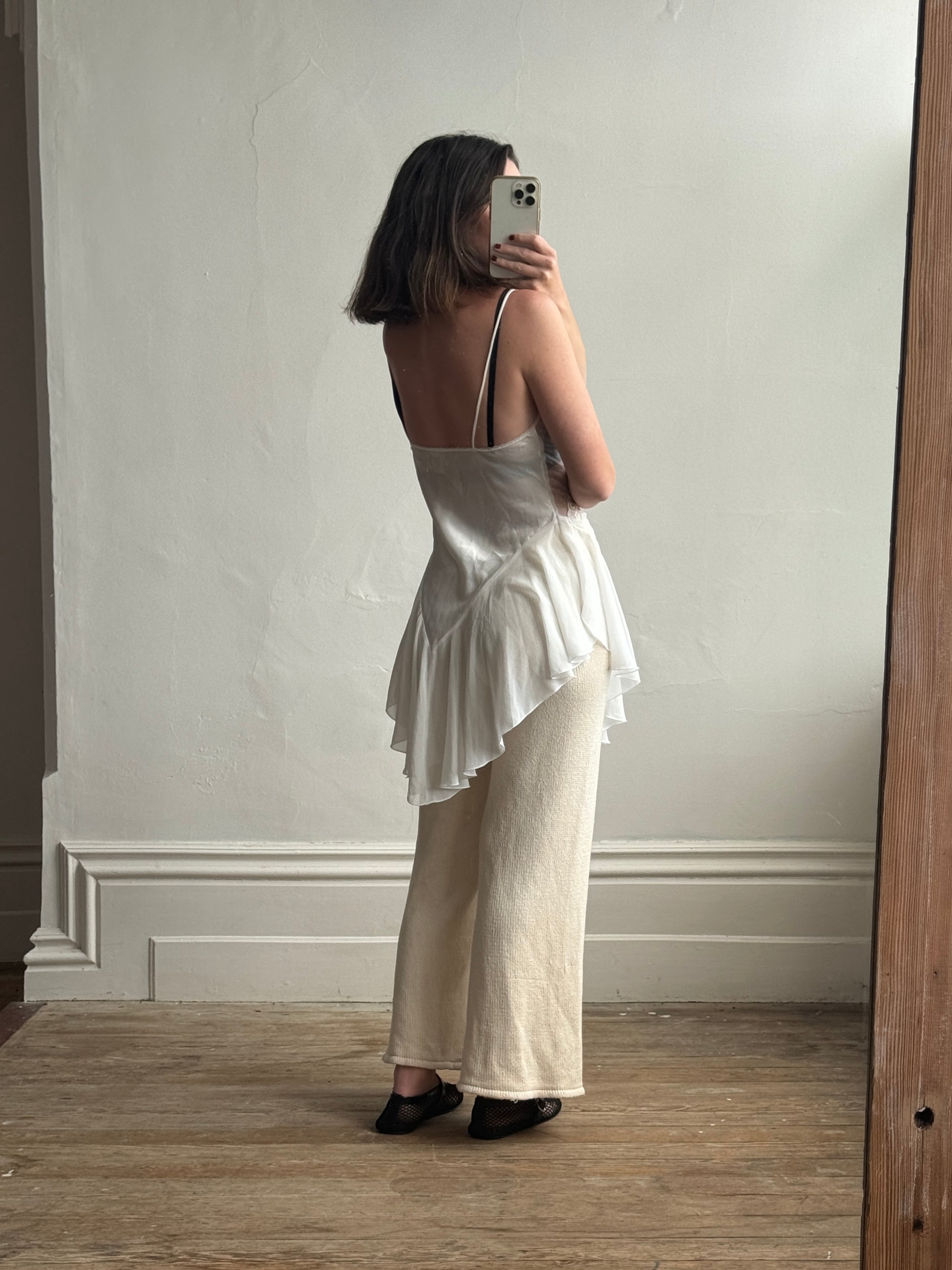 Vintage Asymmetrical Lace Panelled Satin Slip Mini White